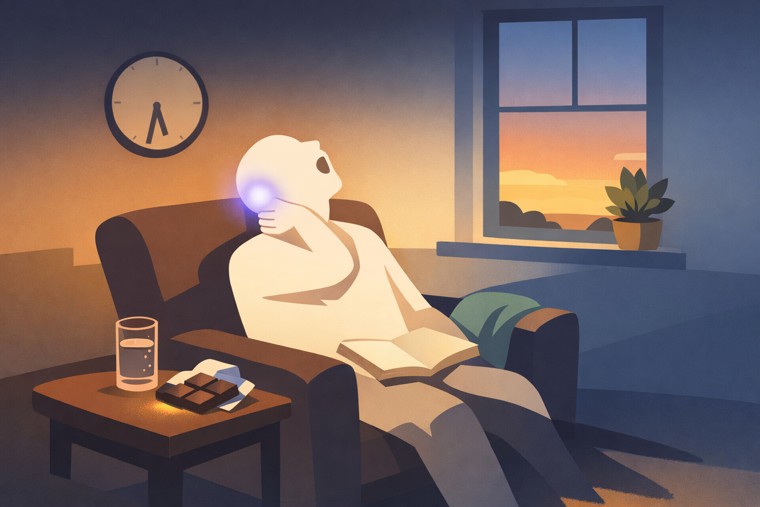 Atmospheric illustration of a person sitting in an armchair at dusk, hand on neck, mid-yawn, with a faint lavender glow at the base of the skull &mdash; the quiet moment when the prodrome begins but pain has not yet arrived