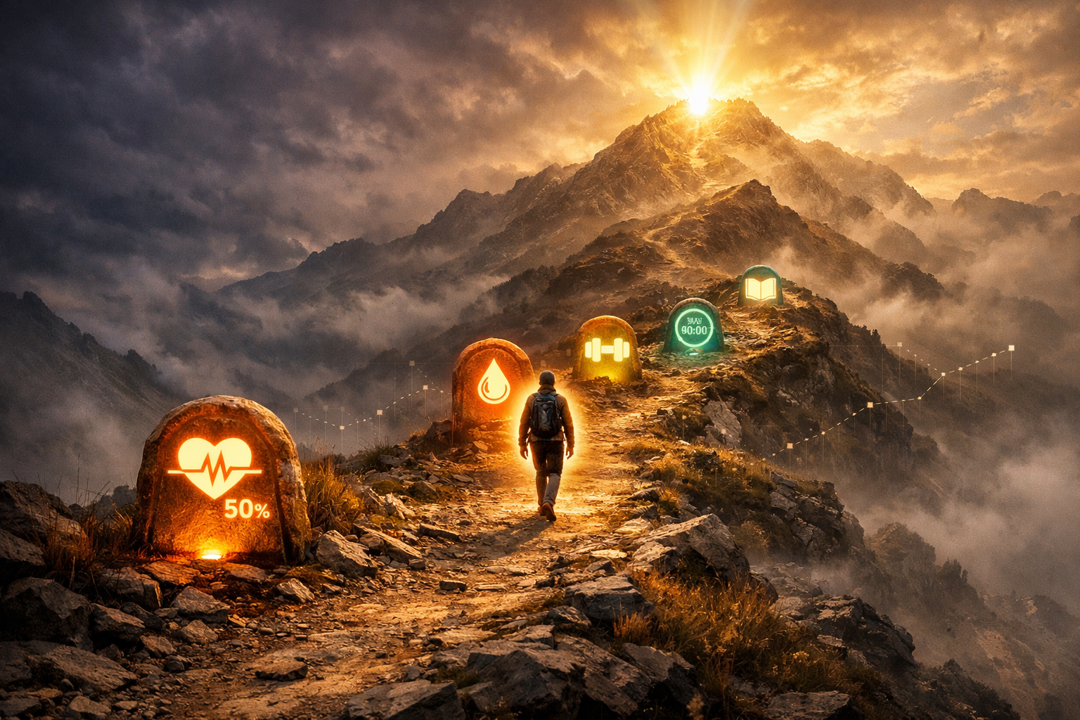 A winding mountain trail from stormy base to golden summit with five glowing milestone markers — heart rate, water, dumbbell, timer, and journal — and a figure walking at the second marker surrounded by protective glow