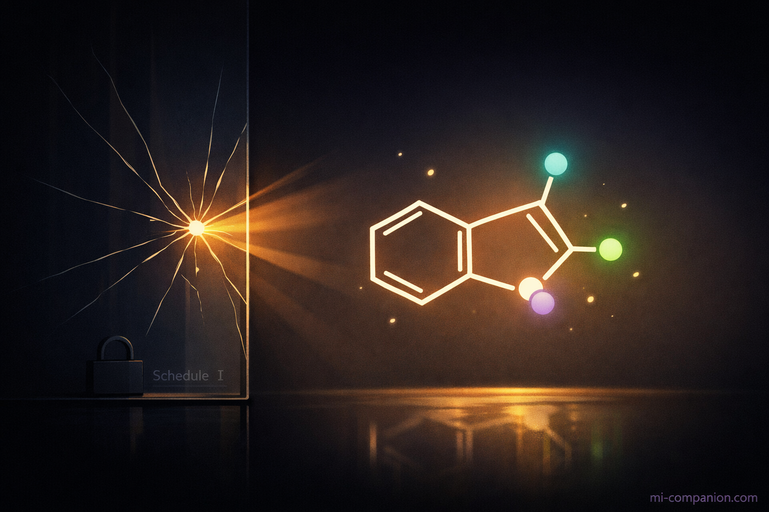 Atmospheric illustration of a glowing indole ring molecular structure floating behind cracked glass with a Schedule I padlock — representing the paradox of a molecule structurally related to approved migraine drugs but classified as having no medical use