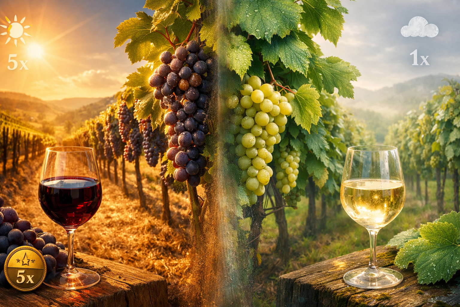 Split comparison image showing sun-exposed vineyard with dark grapes high in quercetin versus shaded vineyard with white grapes low in quercetin