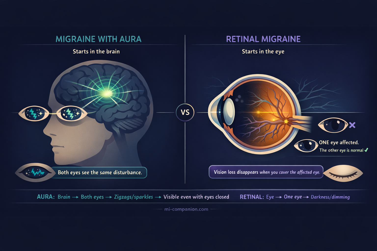 Anatomical comparison diagram: migraine with aura starts in the brain and affects both eyes with zigzag patterns, while retinal migraine starts in the eye with constricted blood vessels and affects only one eye