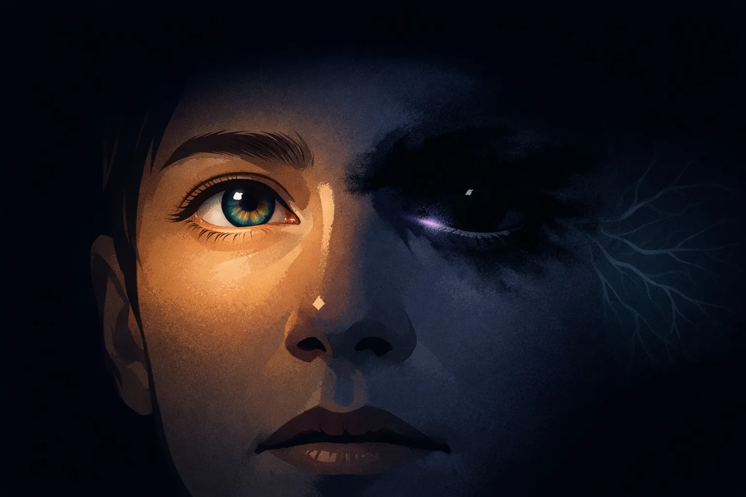 A close-up of a human face in near-darkness &mdash; one eye open and luminous, the other shrouded in a slow tide of encroaching darkness &mdash; the split reality of retinal migraine