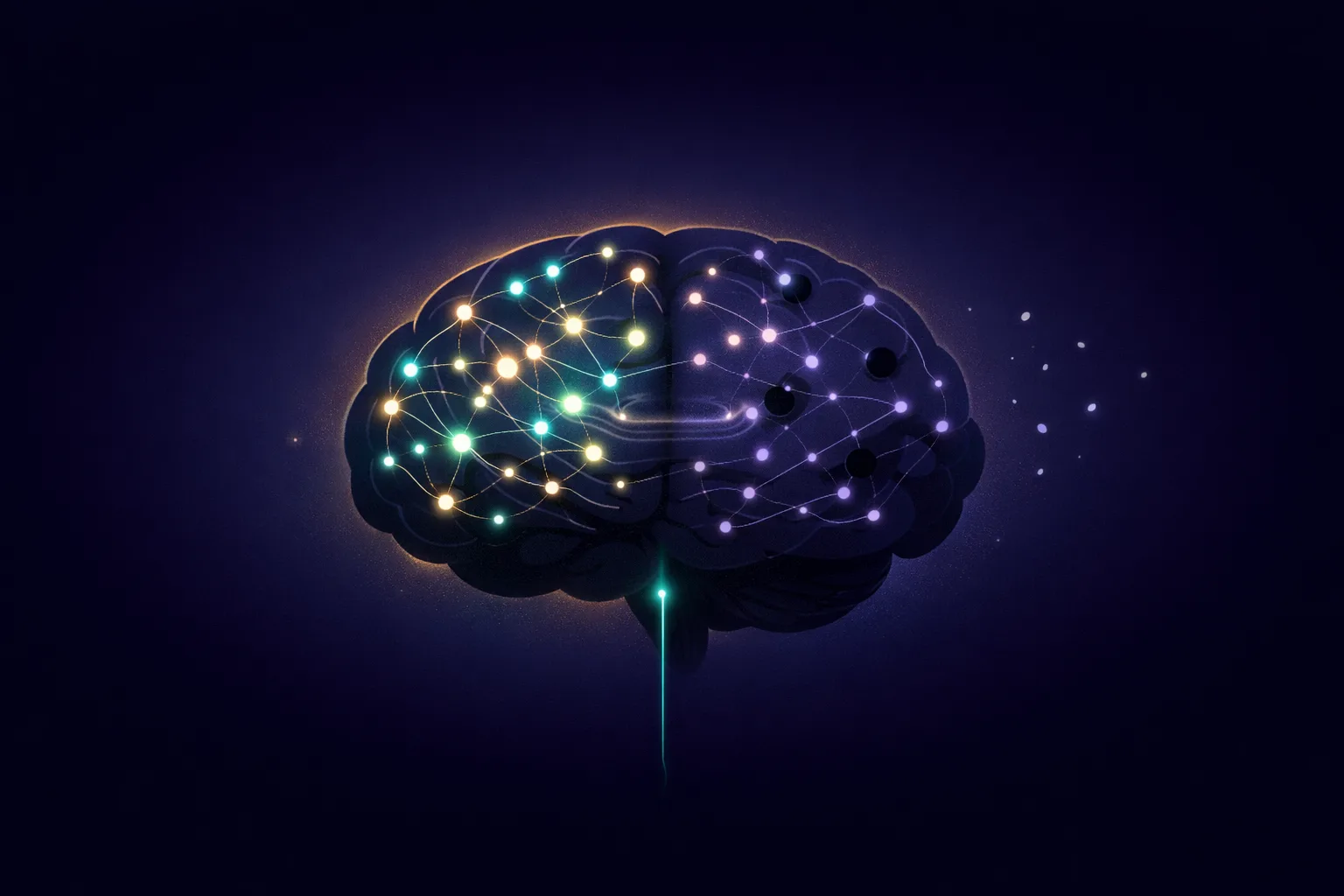 Atmospheric illustration of a luminous brain floating in deep space — the left hemisphere glowing with active teal neural connections, the right hemisphere dimmed with interrupted lavender threads and extinguished nodes — visualizing how migraine scatters the brain's communication network