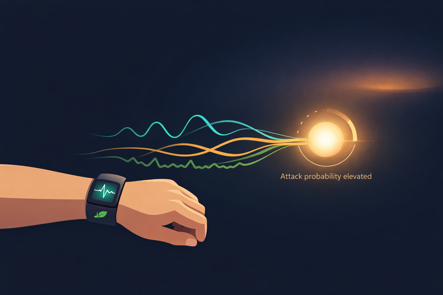 Atmospheric illustration of a human wrist wearing a small wearable device with a teal glowing screen, three colored biometric signal waves — heart rate in teal, skin temperature in amber, EMG in green — flowing rightward across a dark void and converging at a single luminous prediction node, above which the sky shows the faintest warm amber glow before any symptom has arrived, visualizing machine learning detecting migraine before it begins