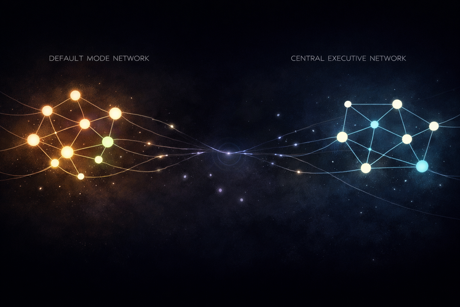 Constellation-map illustration of two disrupted brain networks on a dark void: the warm Default Mode Network on the left with cream and green nodes connected by flowing threads, and the teal Central Executive Network on the right with more structured connections — between them, thin lavender threads fail to connect across the gap, with orphaned nodes drifting in the space between, representing interrupted communication in the migraine brain