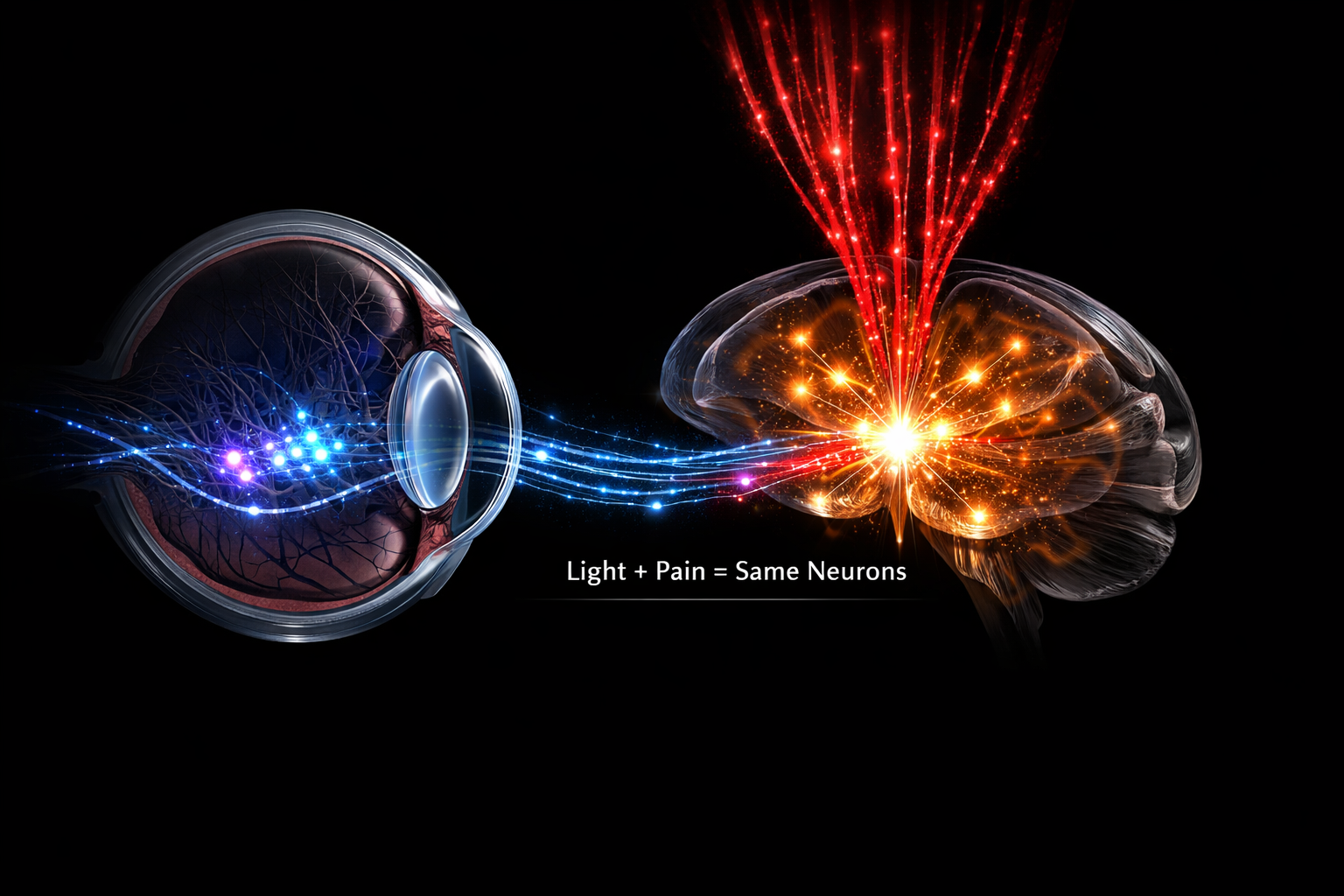 Scientific illustration showing the ipRGC → thalamus → pain convergence pathway: light entering the eye activates melanopsin-containing retinal ganglion cells, which send signals to the posterior thalamus where they converge with meningeal pain neurons
