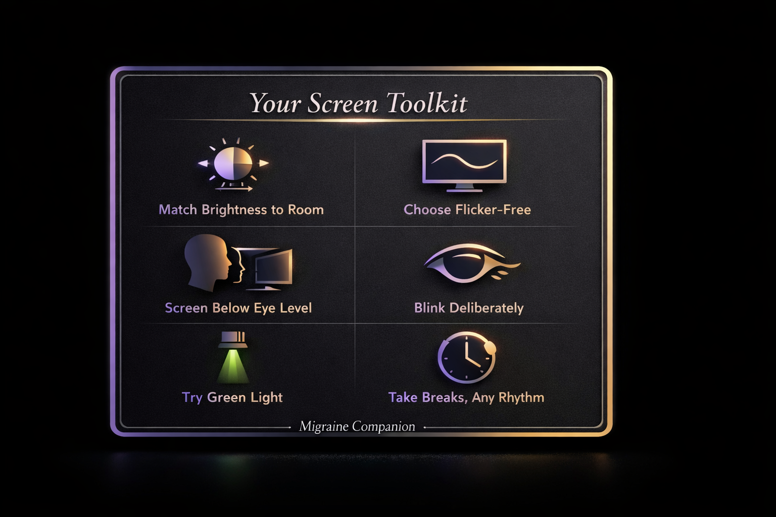 Visual infographic summarizing seven evidence-based screen strategies for migraine: brightness matching, flicker elimination, screen positioning, deliberate blinking, green light therapy, strategic tinted lens use, and personalized breaks