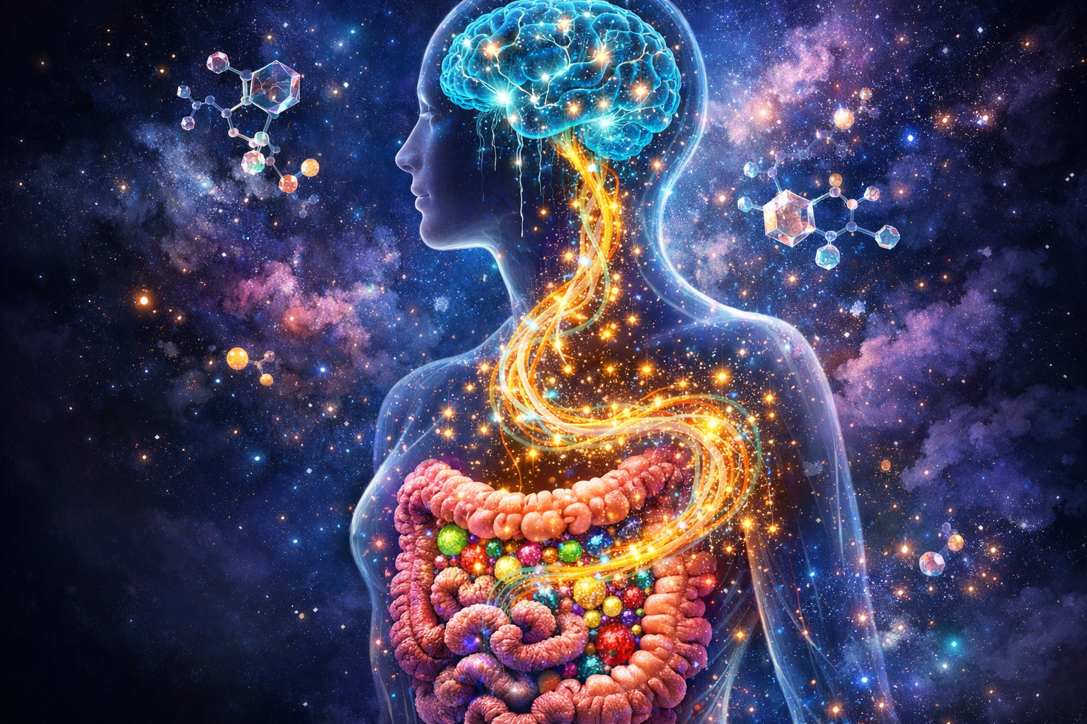 The Second Brain: Connected — artistic visualization showing the brain, vagus nerve, and gut microbiome as a luminous communication network