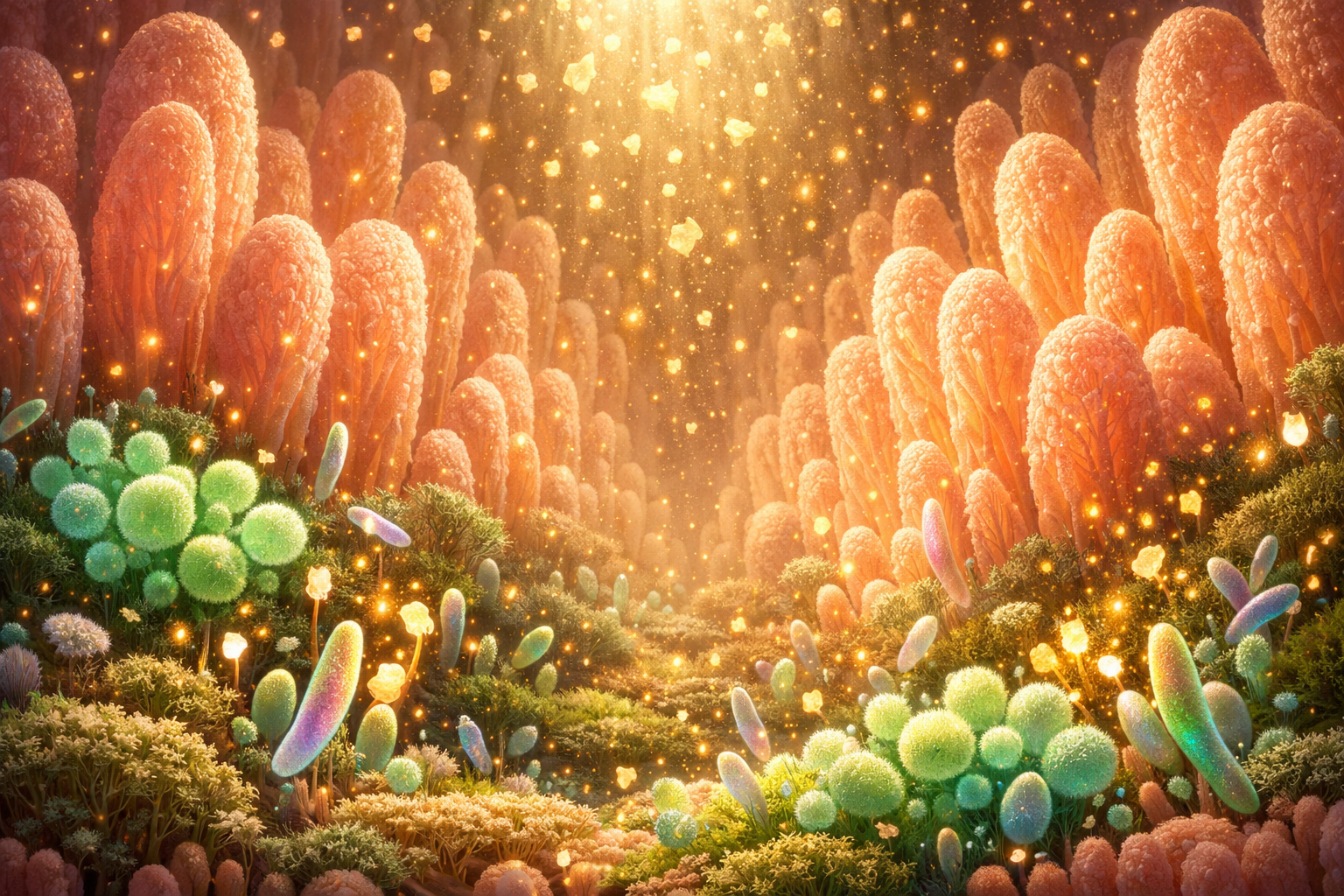 The Second Brain: Nourished — artistic visualization of a healthy microbiome garden inside the intestines