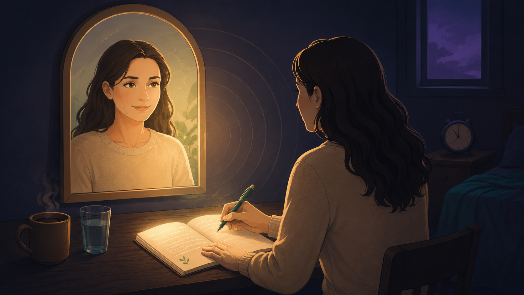 A woman writing in a glowing notebook at a table at night, a green pen in her hand; in a small mirror before her, her reflection looks back warmer and gently lit, the kind voice answering the cold critic from the opening scene