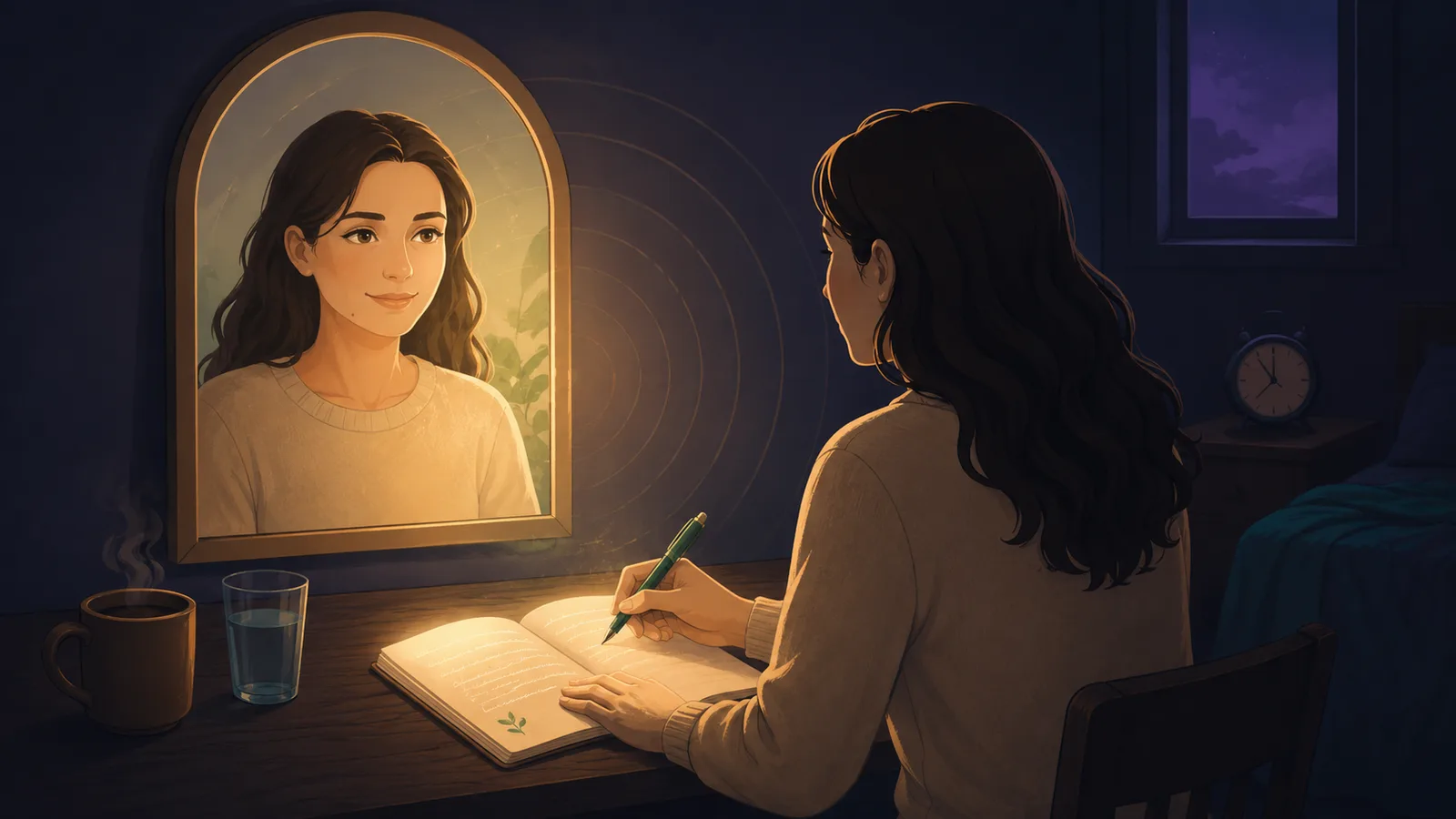 A woman writing in a glowing notebook at a table at night, a green pen in her hand; in a small mirror before her, her reflection looks back warmer and gently lit, the kind voice answering the cold critic from the opening scene