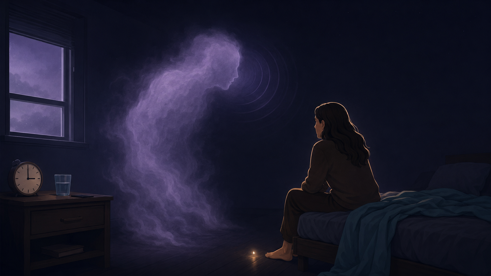 A woman sitting awake on the edge of a bed at 3 a.m., a cold lavender mist shaped like a looming figure leaning toward her — the externalized inner critic, separate from her, while a single small warm light rests on the dark floor near her feet