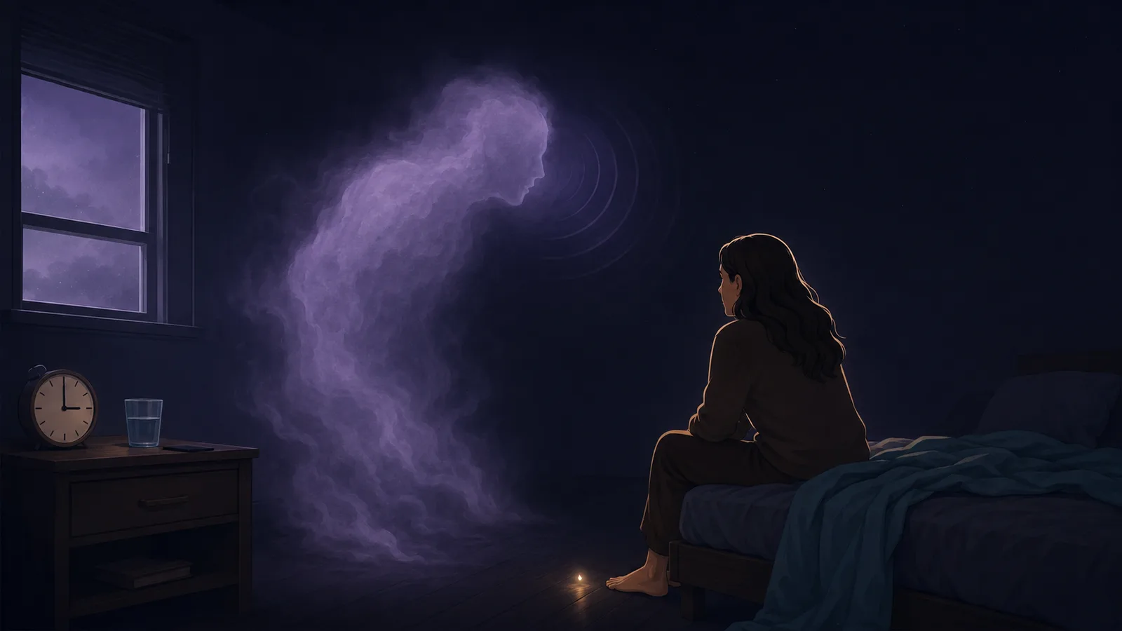 A woman sitting awake on the edge of a bed at 3 a.m., a cold lavender mist shaped like a looming figure leaning toward her — the externalized inner critic, separate from her, while a single small warm light rests on the dark floor near her feet