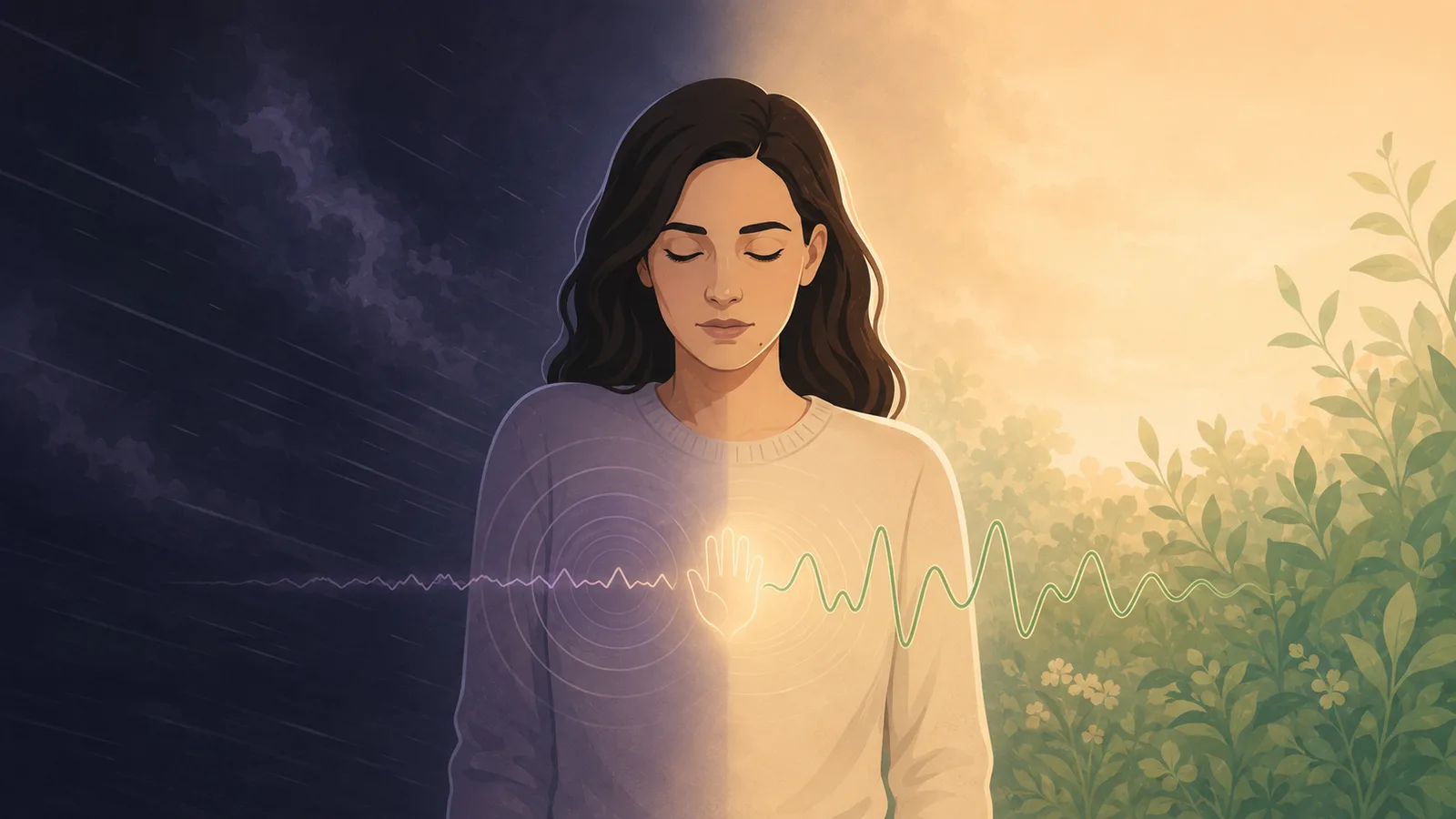 A woman seen front-on, her body split into two weathers — her left side cold and contracted with a tight, low-amplitude heartbeat line under tense blue light, her right side warm and open with a rounded, higher-amplitude heartbeat wave under amber-green dawn light, a faint open palm hovering over the centre of her chest