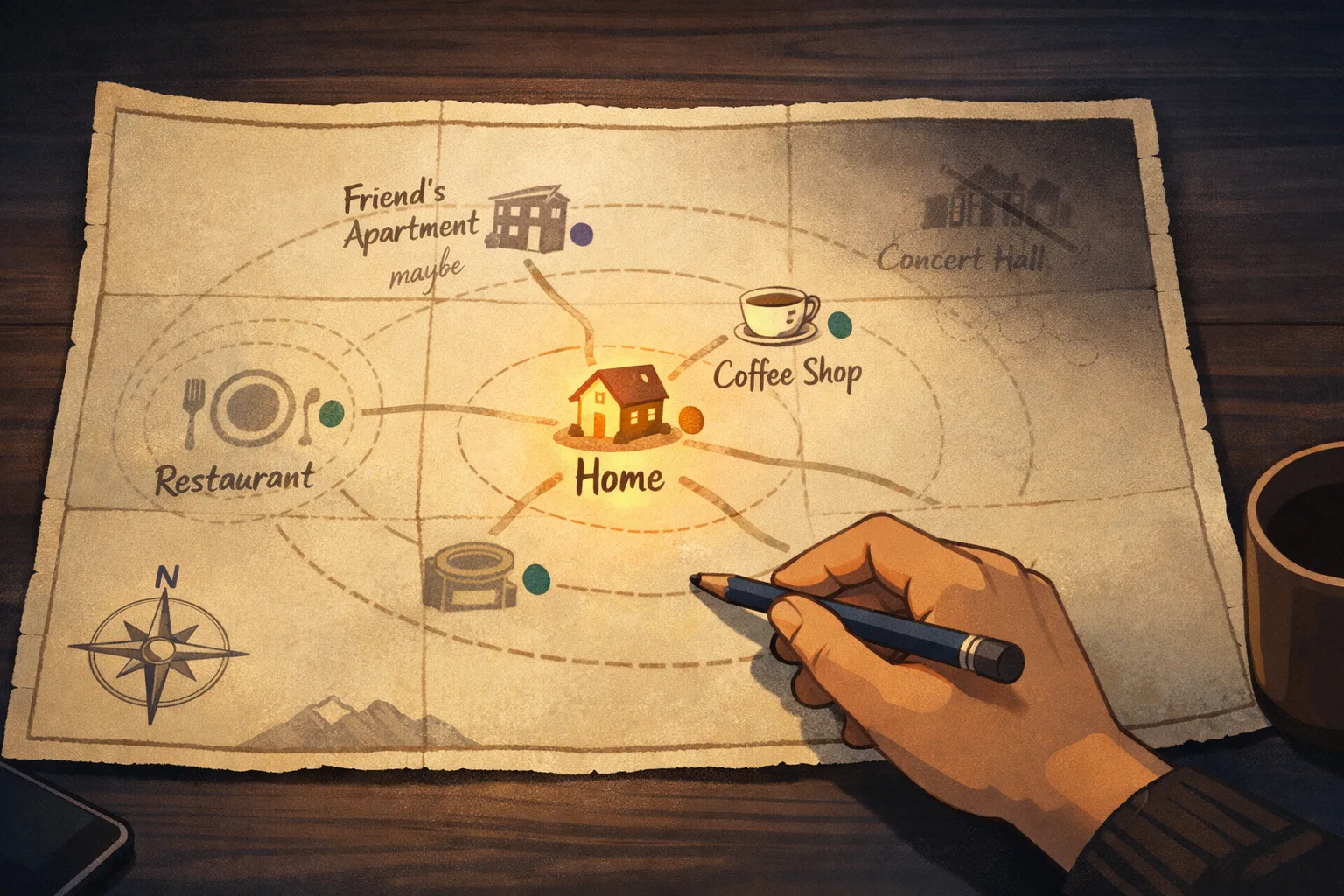A top-down view of a personal hand-drawn life map where locations fade from bright and vivid at the centre to ghosted and crossed-out at the edges — the geography of avoidance made visible, the concert hall barely visible at the periphery