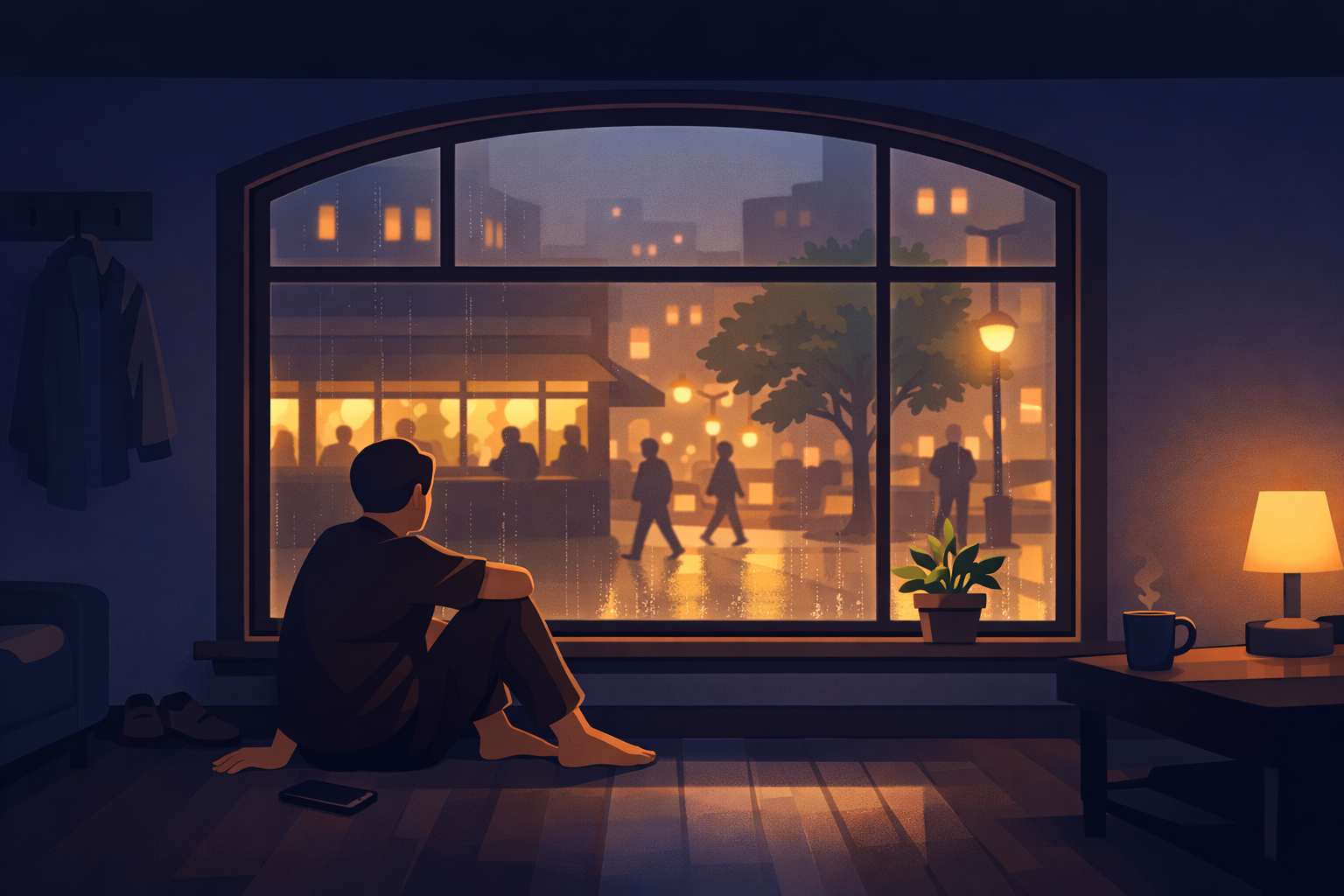 A solitary figure sitting on the floor beside a large window at dusk, watching the city live without them — warm amber lights outside, cool stillness inside, the world continuing through the glass