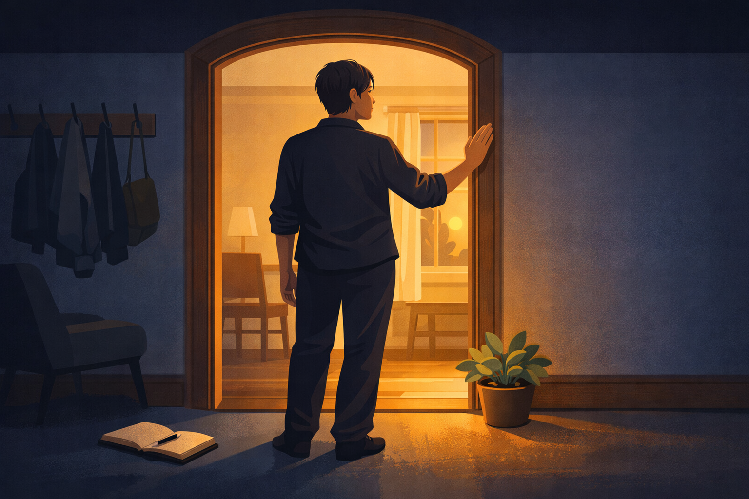 A figure standing at an open interior doorway, one hand resting calmly on the door frame — the room behind cool and contracted, the room ahead warm and open — the posture of someone mid-decision rather than post-victory, the authorship quietly reclaimed