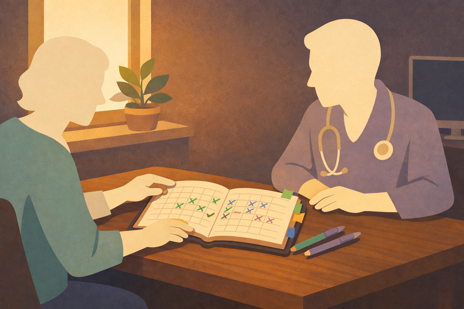 Warm atmospheric illustration of a patient and doctor sitting across from each other at a desk in a non-clinical setting, with an open migraine diary between them — the patient pointing at data, the doctor listening attentively, two pens suggesting collaboration