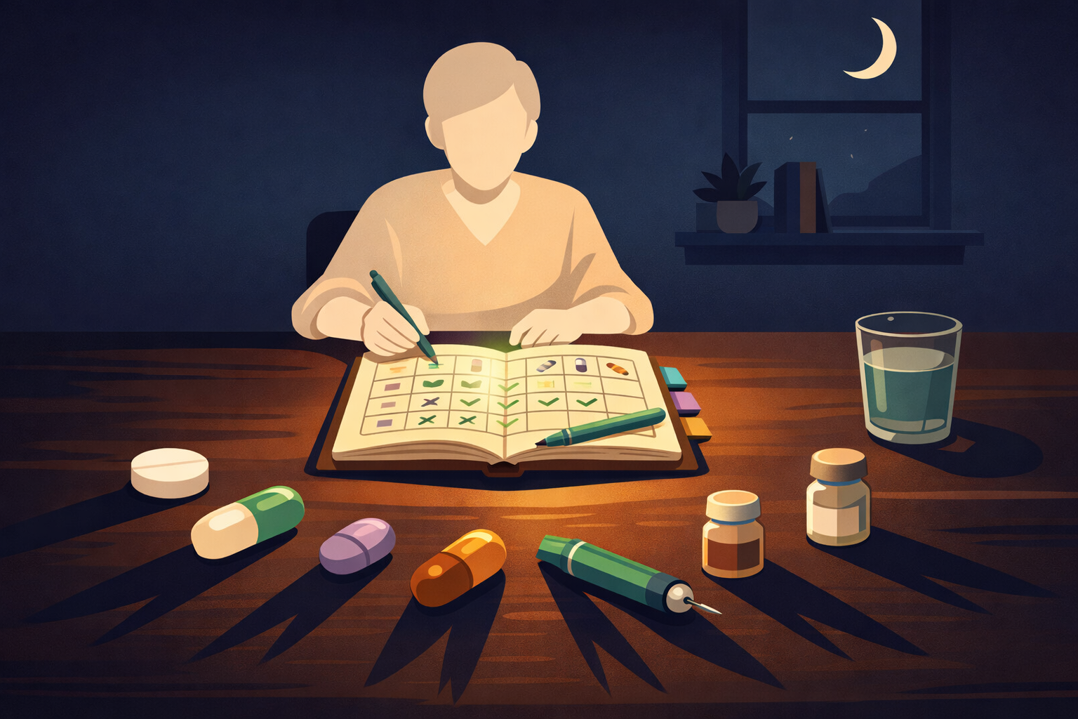 Atmospheric illustration of a person sitting at a table late at night surrounded by medication capsules arranged like a roulette layout, with an open migraine diary glowing in the center — representing the shift from fear to informed strategy in choosing preventive medication