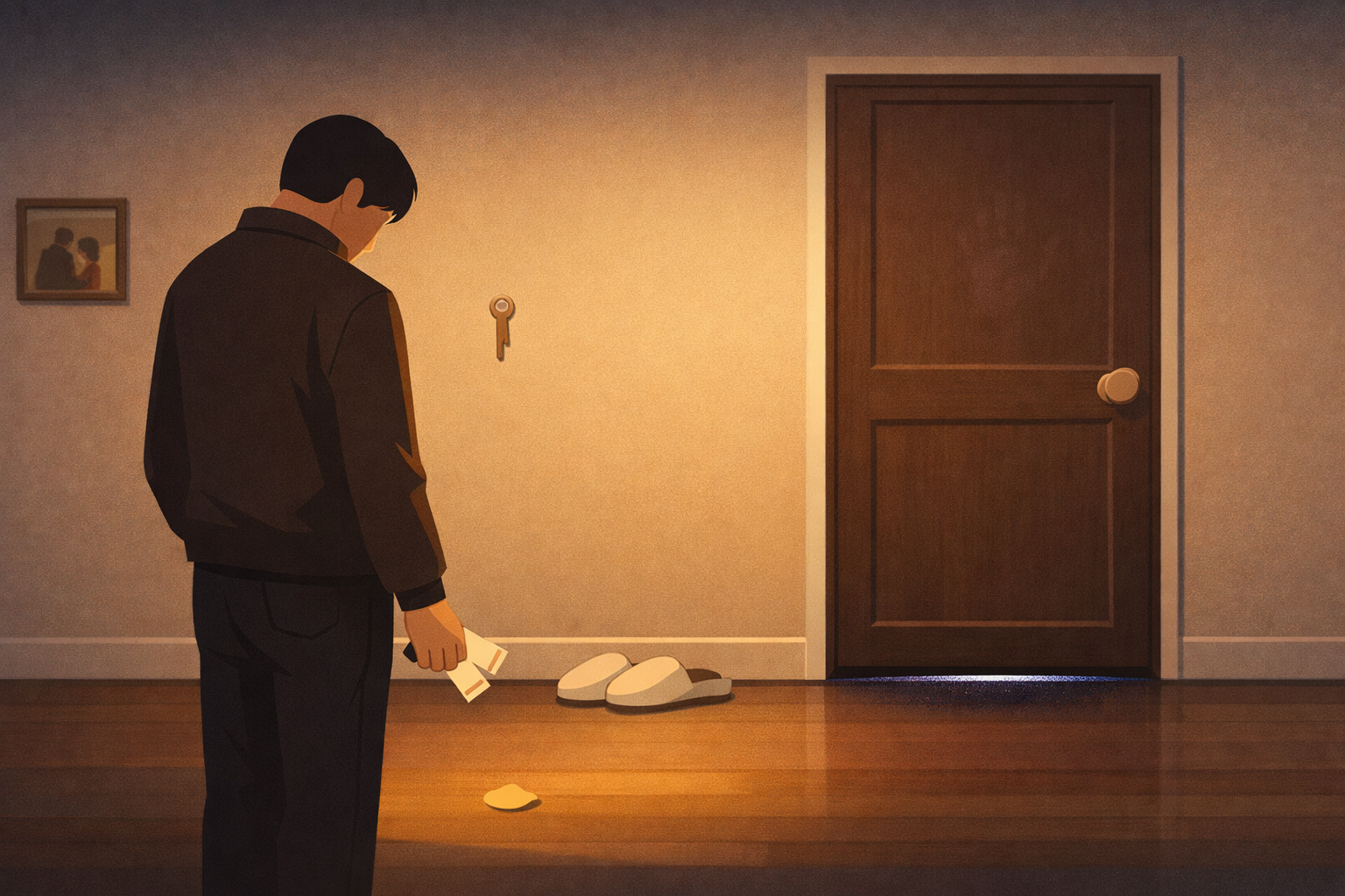 A solitary figure standing in a warm hallway facing a closed bedroom door, holding two movie tickets — the silent partner's vigil while migraine takes their loved one away