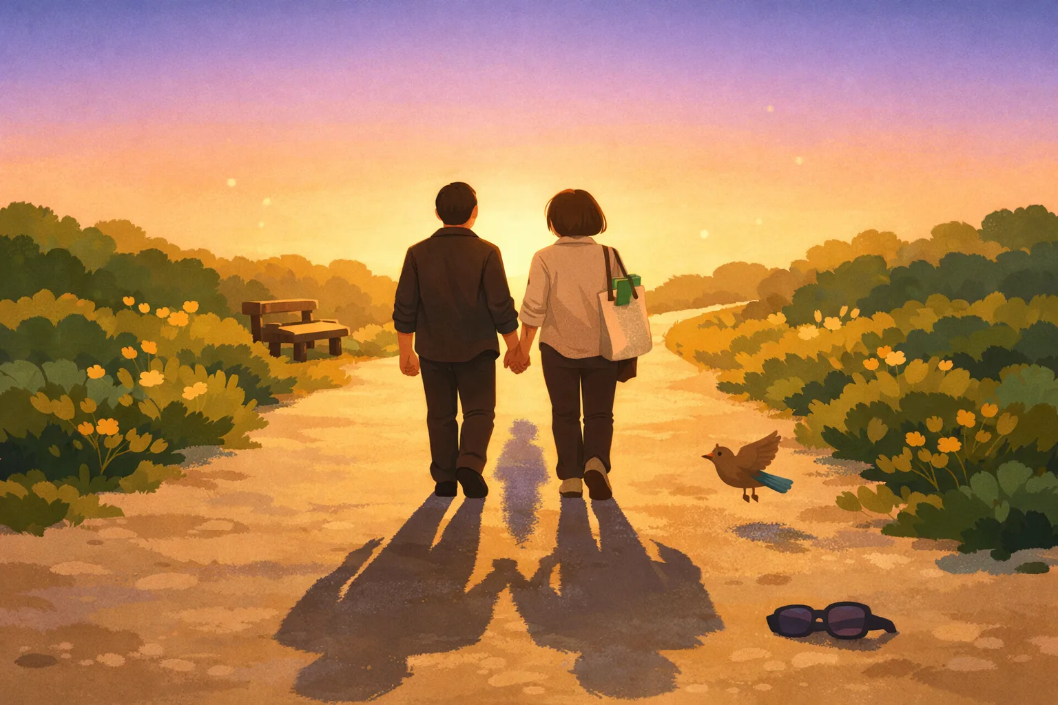 Two people walking hand in hand down a golden-hour path seen from behind, their long shadows stretching back with a fading third shadow between them — migraine diminishing as the couple moves forward together