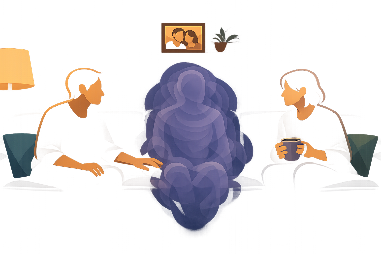 Two people sitting on a couch turned toward each other with a translucent smoke-like silhouette between them — migraine as the uninvited third person in every room