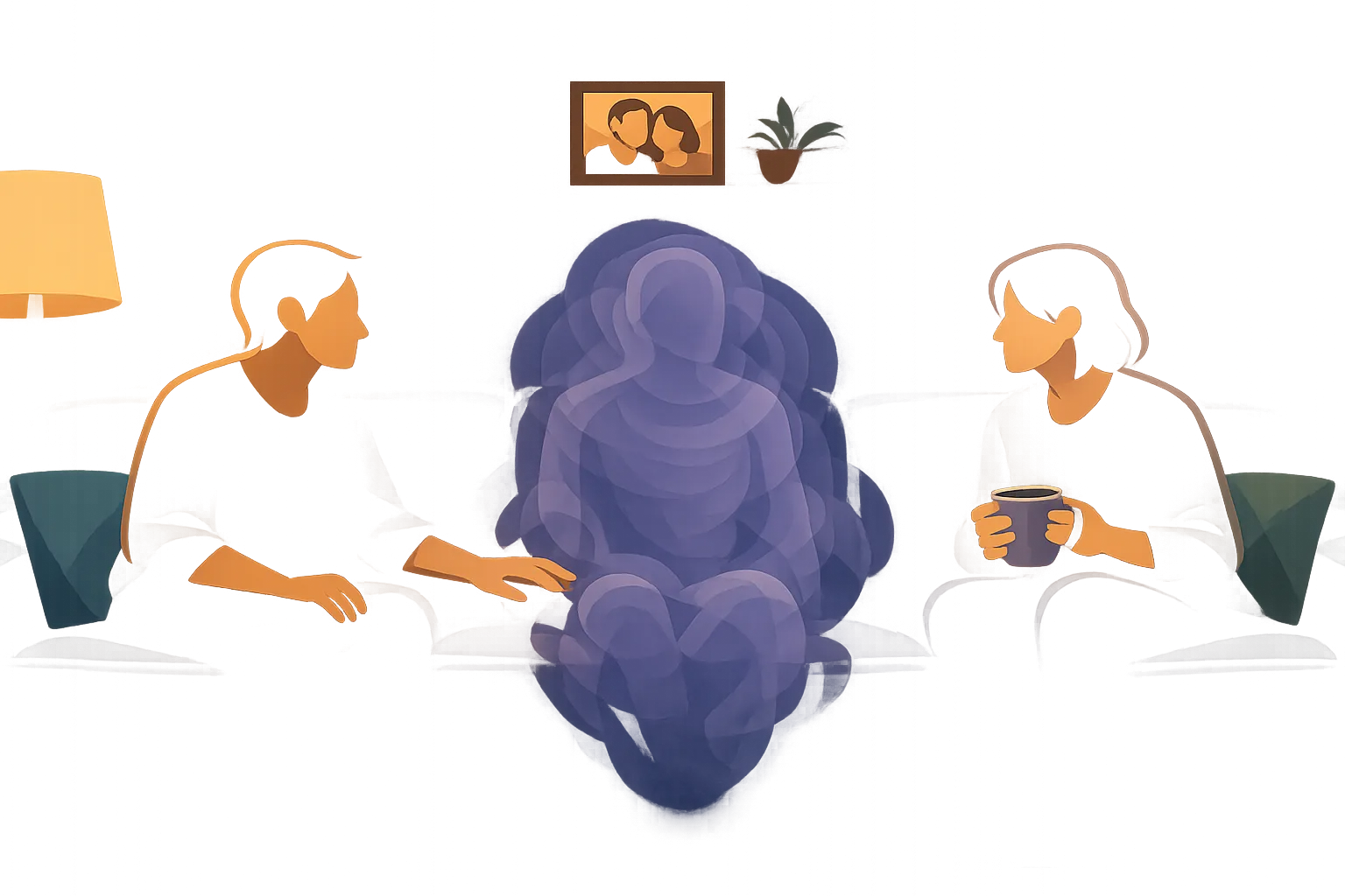 Two people sitting on a couch turned toward each other with a translucent smoke-like silhouette between them — migraine as the uninvited third person in every room