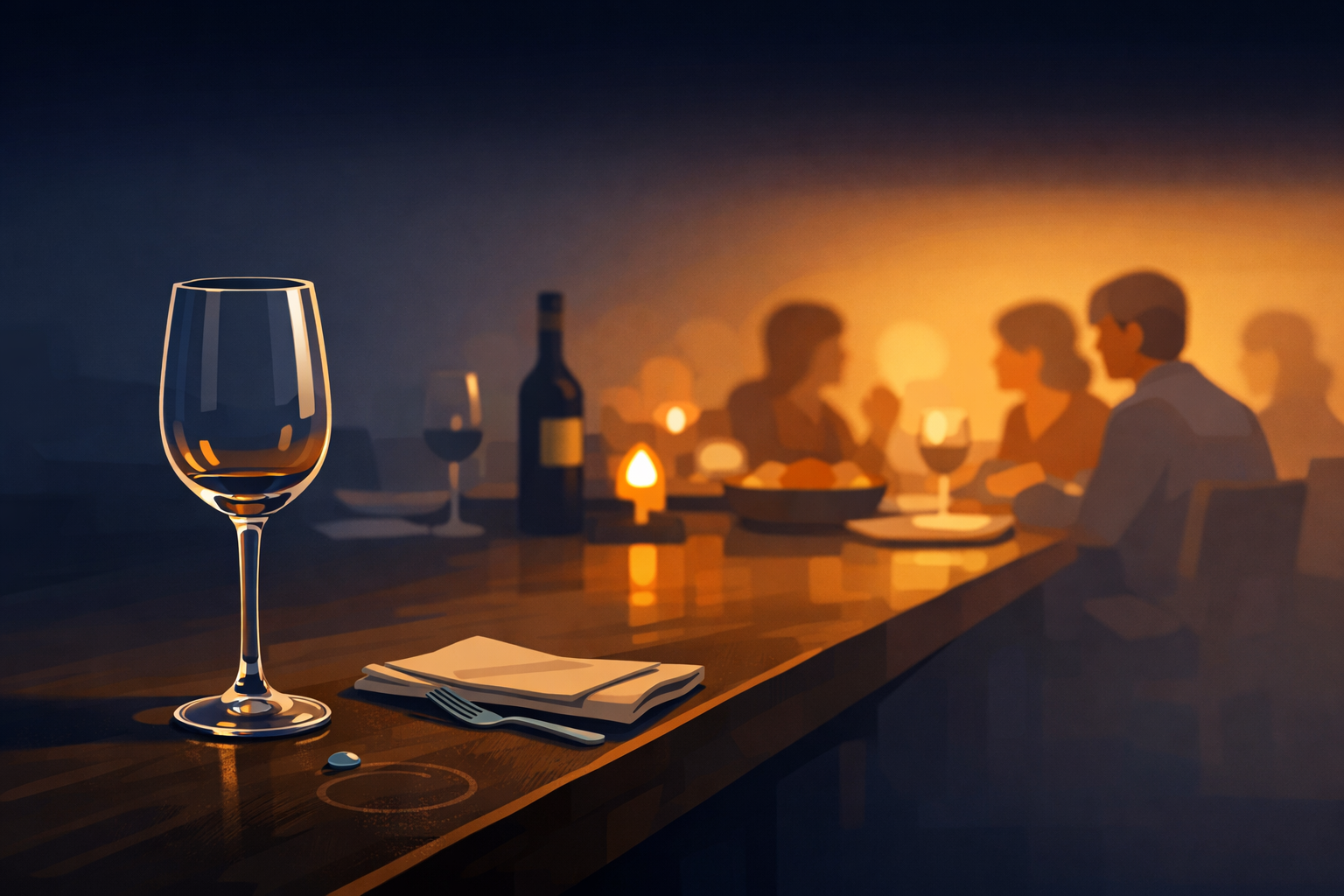 An empty wine glass stands alone at the edge of a dinner table while warm silhouettes of people share a meal in the blurred background — the quiet distance between participation and observation