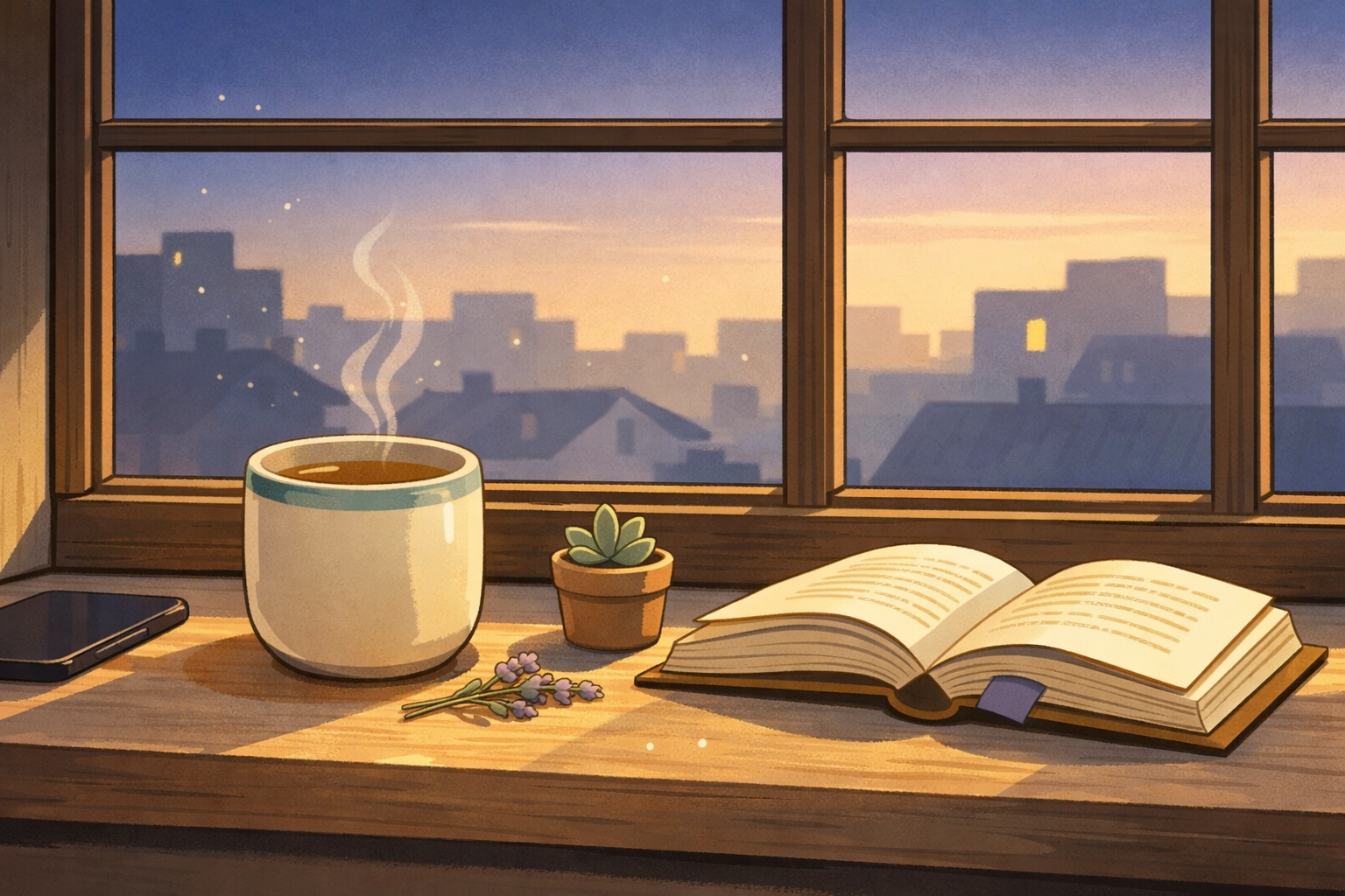 A quiet morning scene — a cup of herbal tea and an open book on a sunlit windowsill, soft dawn light streaming in, a small succulent beside them. The morning that belongs entirely to you.