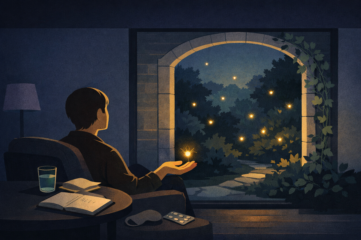 A figure seated at an open window at dusk, one hand open toward a firefly that has drifted into the room — soft gold light against deep indigo, representing the sparkling moment: joy returning after the storm