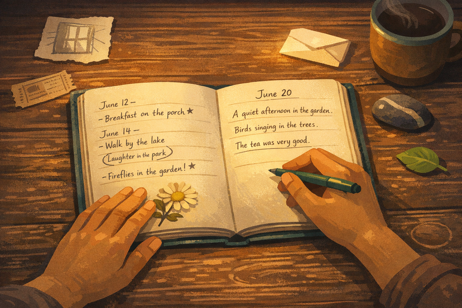 Hands writing in an open teal journal on a warm wooden table, surrounded by small meaningful objects — a pressed flower, a river stone, a fresh green leaf, a folded note — each a physical record of a sparkling moment collected over time