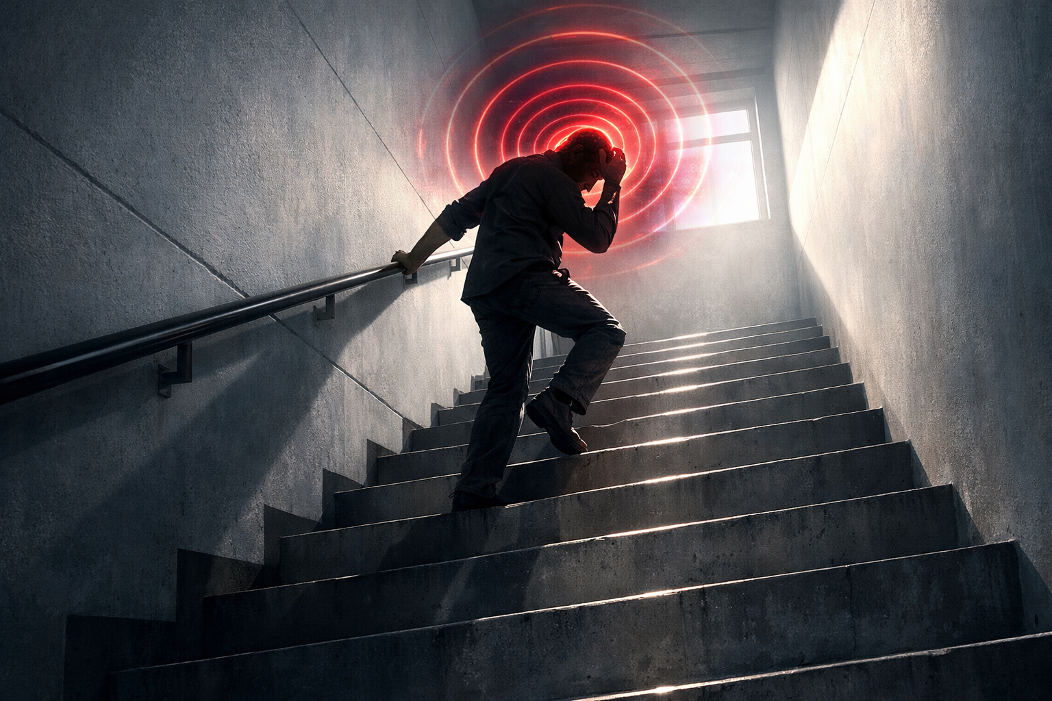 Person climbing stairs during migraine attack with visible pain pulsation — the staircase test for headache diagnosis, digital art