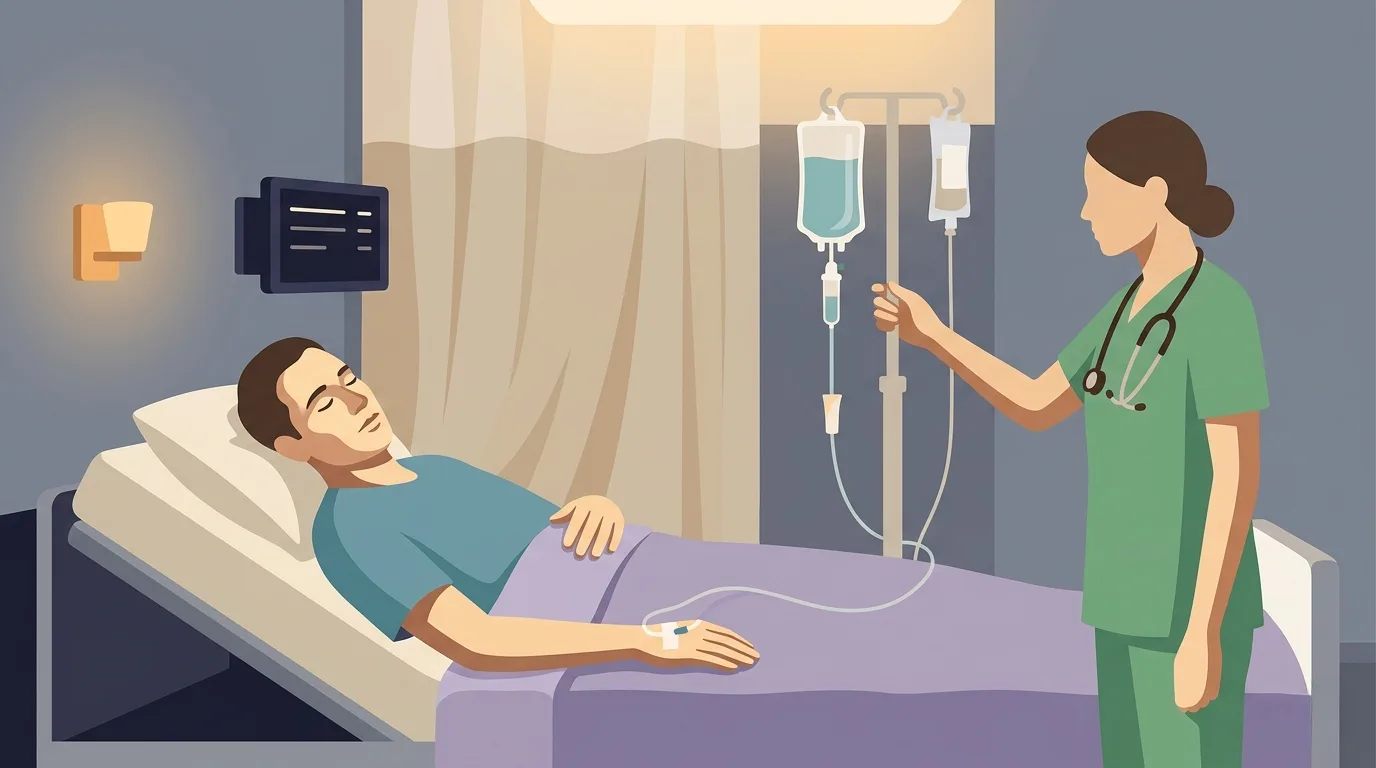 A patient resting calmly on a hospital bed in an emergency department bay, receiving IV fluid through a catheter in their hand, with a healthcare worker in green scrubs attending to the IV stand — the layered, opioid-sparing ER protocol for status migrainosus.