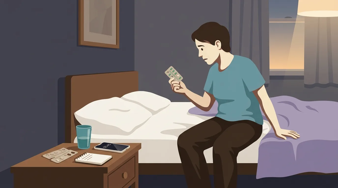 A person sitting on the edge of their bed examining a half-used blister pack of migraine medication, with empty packaging, a glass of water, and a migraine diary visible on the bedside table — the moment of recognizing that rescue medication is failing.