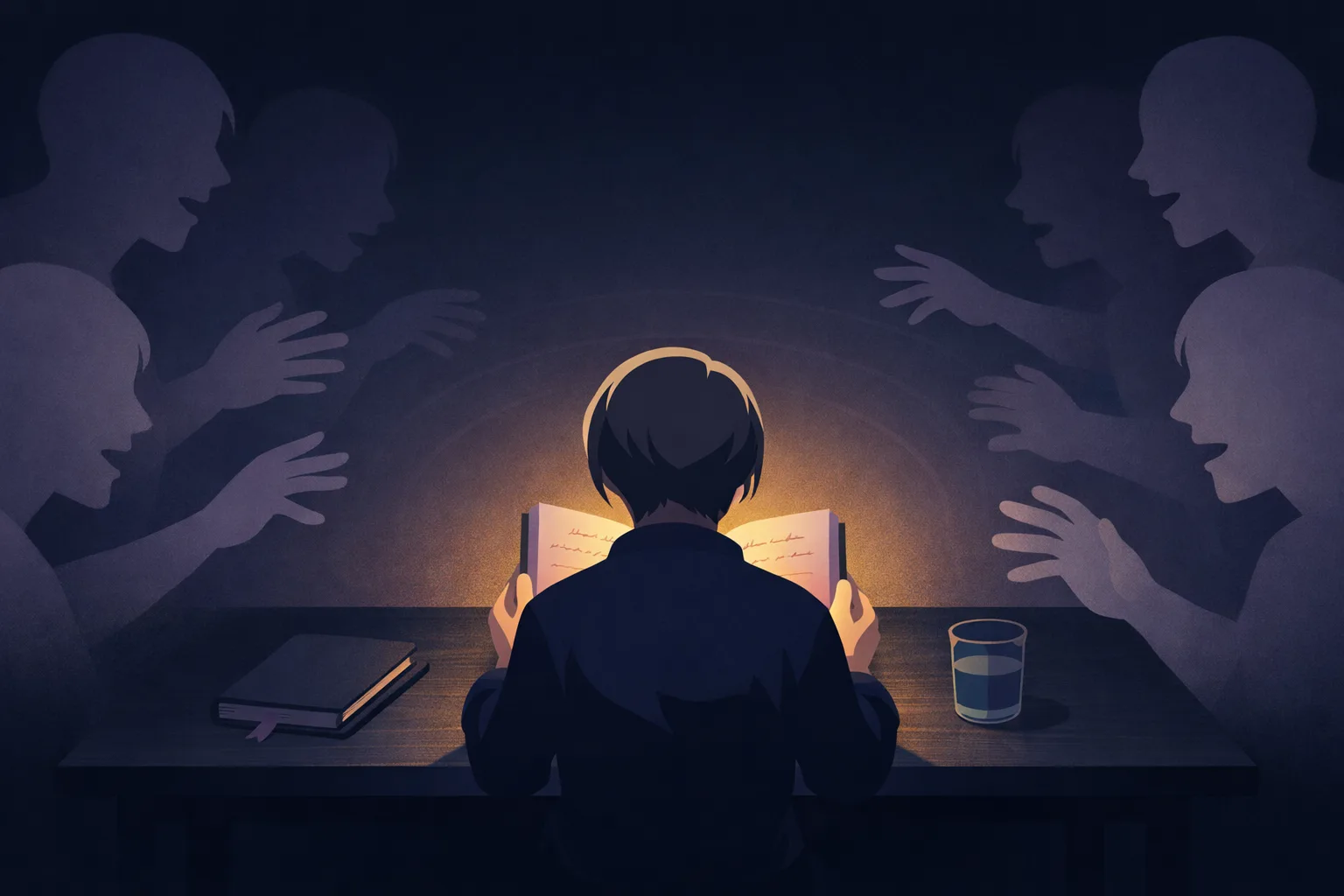 A solitary figure seen from behind, seated at a small desk in deep indigo darkness, holding a glowing journal — translucent silhouettes of other people reach inward from the frame edges, their hands extended toward the light. The figure holds the page. The story belongs to them.