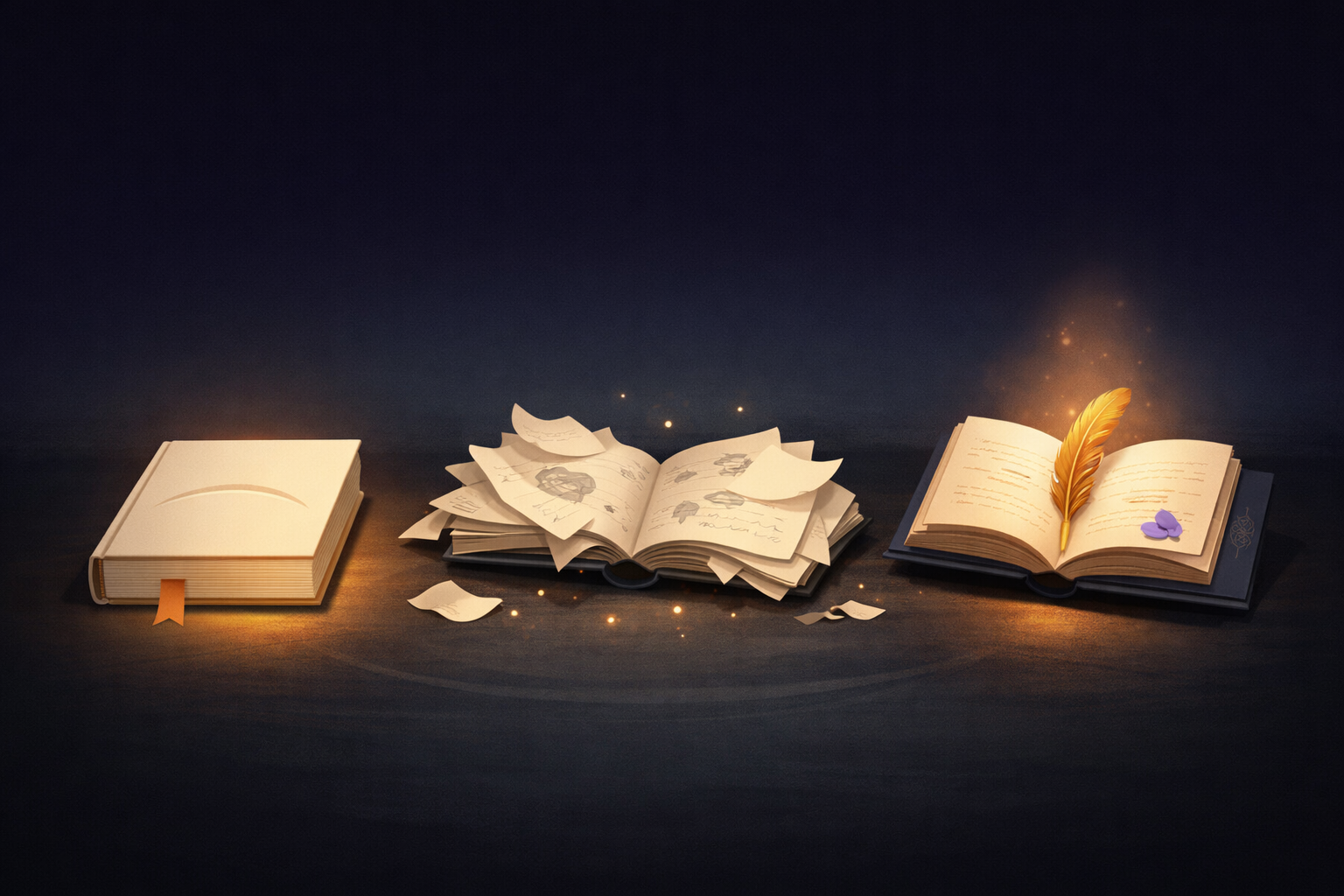 Three books on a dark surface &mdash; a pristine closed hardcover with a ribbon bookmark (restitution), an open book with pages scattered and escaping the spine (chaos), and an open journal with a gold quill resting in its gutter and soft lavender light rising from the pages (quest). Three ways of telling the story of illness.