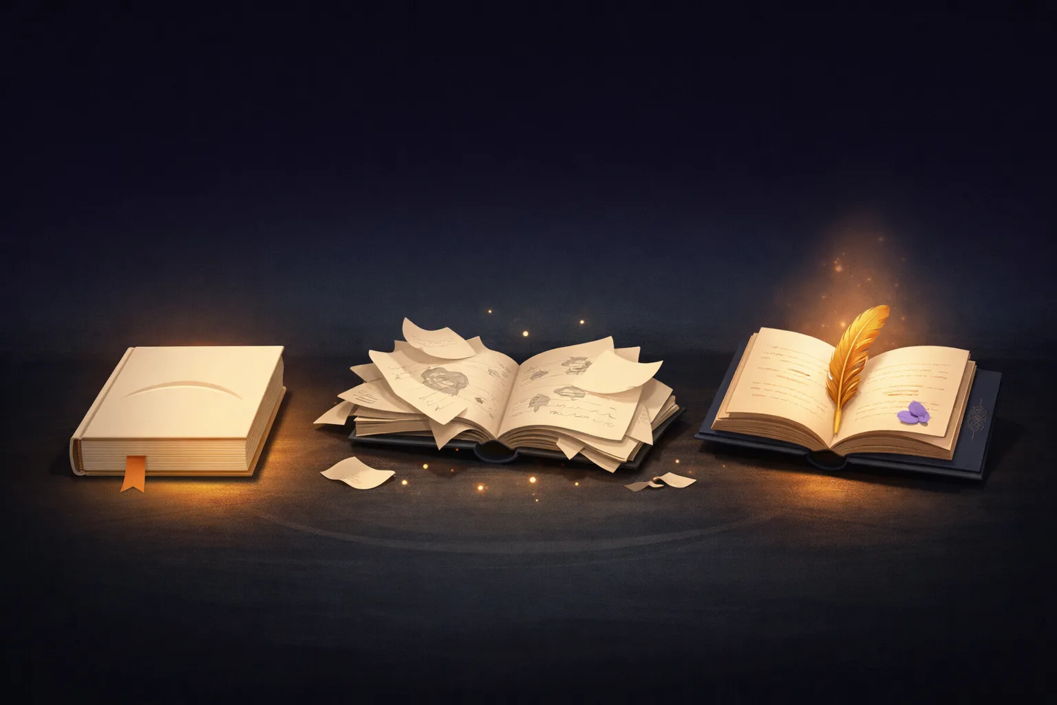 Three books on a dark surface &mdash; a pristine closed hardcover with a ribbon bookmark (restitution), an open book with pages scattered and escaping the spine (chaos), and an open journal with a gold quill resting in its gutter and soft lavender light rising from the pages (quest). Three ways of telling the story of illness.