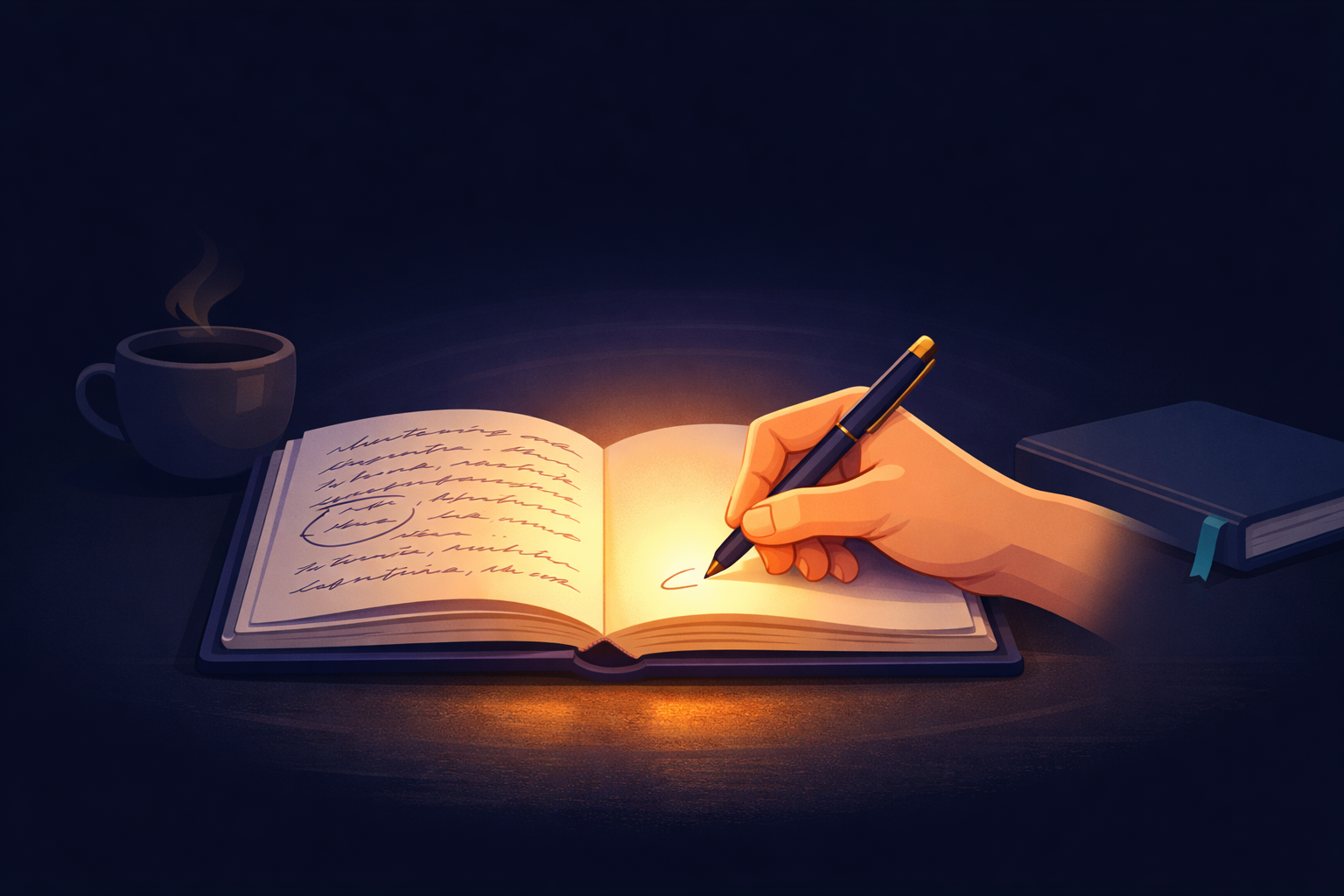 A single adult hand writing in an open journal on a dark desk. The light comes from within the page itself &mdash; warm gold at center fading to soft lavender at the edges. A second closed journal rests beside it. A ceramic cup with a wisp of steam is partially visible at the far left. The surrounding darkness is still and private.