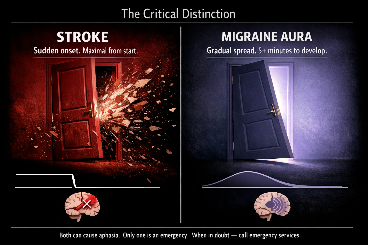 Infographic comparing stroke versus migraine aura onset patterns