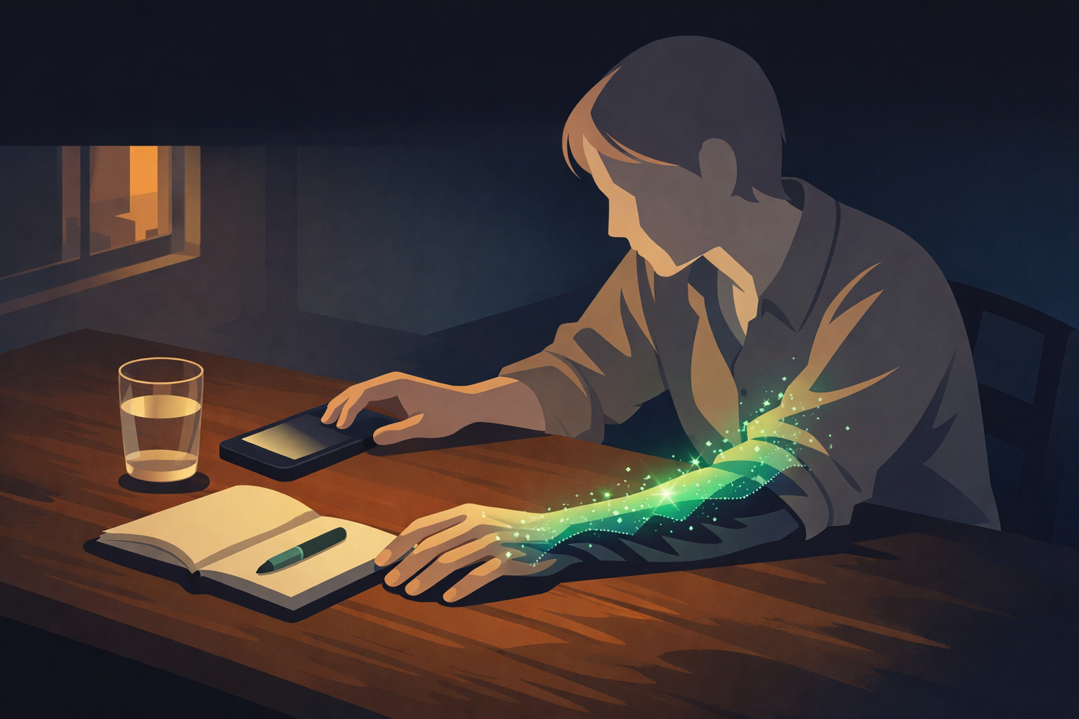 Mi experiencing the moment of uncertainty &mdash; tingling climbs the arm as a person sits at a table, hand resting palm-down, a phone nearby, caught between the familiar glow of aura and the shadow of something worse