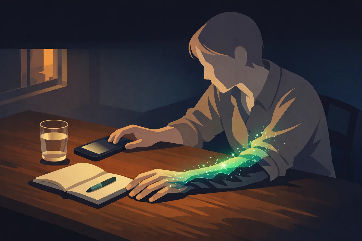 Mi experiencing the moment of uncertainty — tingling climbs the arm as a person sits at a table, hand resting palm-down, a phone nearby, caught between the familiar glow of aura and the shadow of something worse