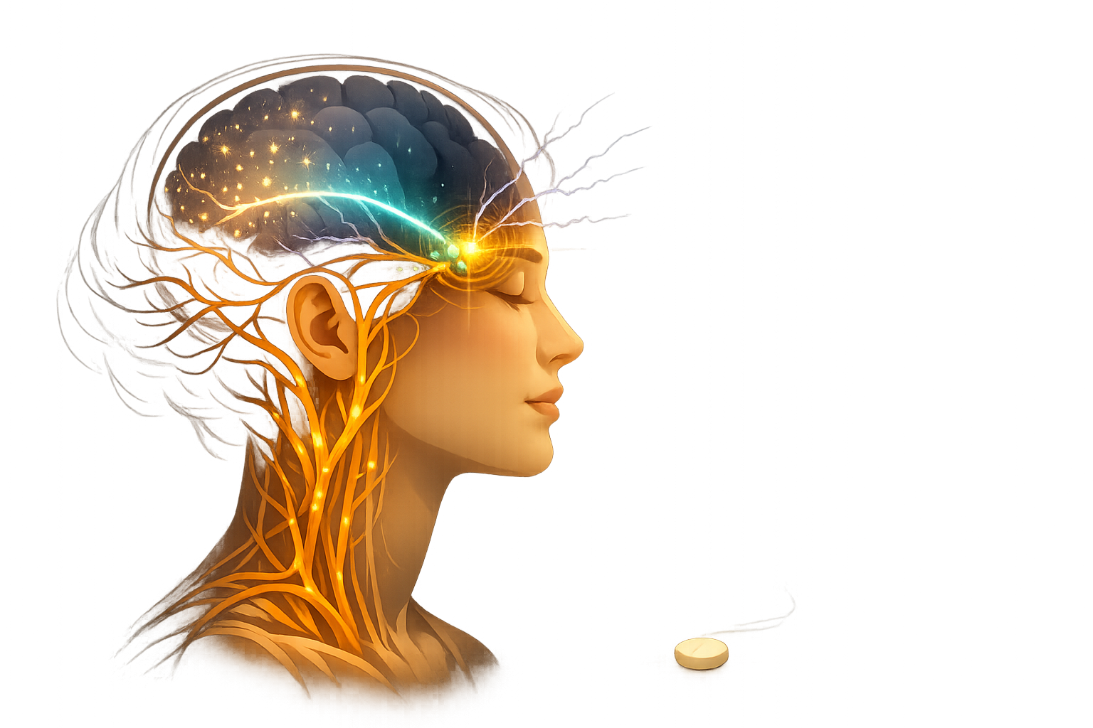 Atmospheric illustration of a woman's profile in semi-transparent anatomical style — inside the head, a teal wave of cortical spreading depression crosses a bronze vascular network at a glowing convergence point, with a small contraceptive pill in the lower corner connected by a faint thread of light to the blood vessels, visualizing how migraine aura and hormonal contraceptives converge to multiply stroke risk