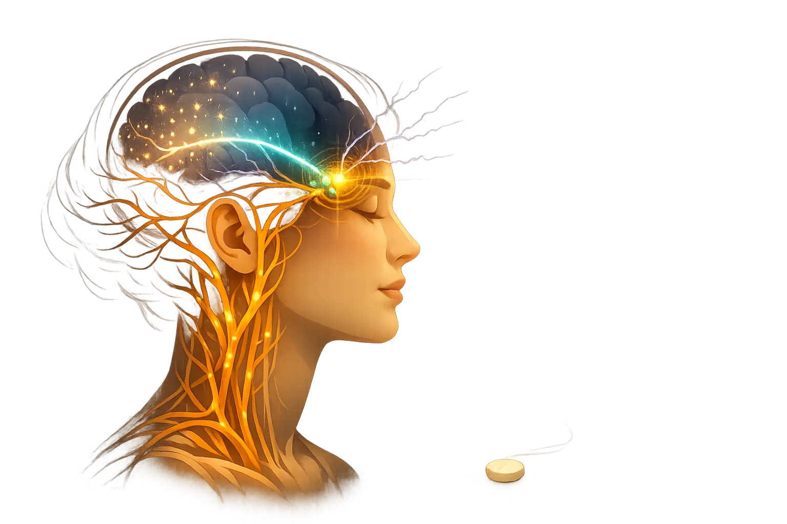 Atmospheric illustration of a woman's profile in semi-transparent anatomical style — inside the head, a teal wave of cortical spreading depression crosses a bronze vascular network at a glowing convergence point, with a small contraceptive pill in the lower corner connected by a faint thread of light to the blood vessels, visualizing how migraine aura and hormonal contraceptives converge to multiply stroke risk