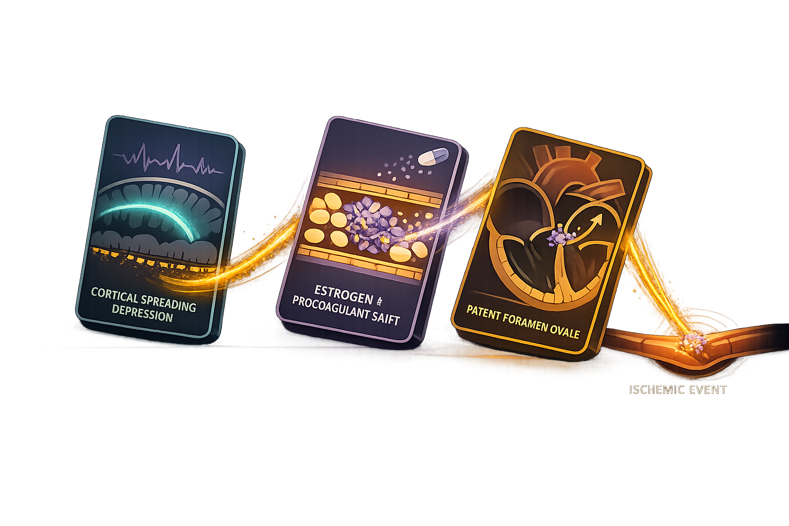 Atmospheric illustration of three translucent domino-cards in a cascade sequence — the first showing cortical spreading depression in the brain with a teal wave, the second showing estrogen-altered blood with clotting factors, the third showing a heart with an open patent foramen ovale — connected by luminous gold threads, with the final thread leading to a cerebral artery where a tiny blockage forms, visualizing the chain reaction from aura to stroke