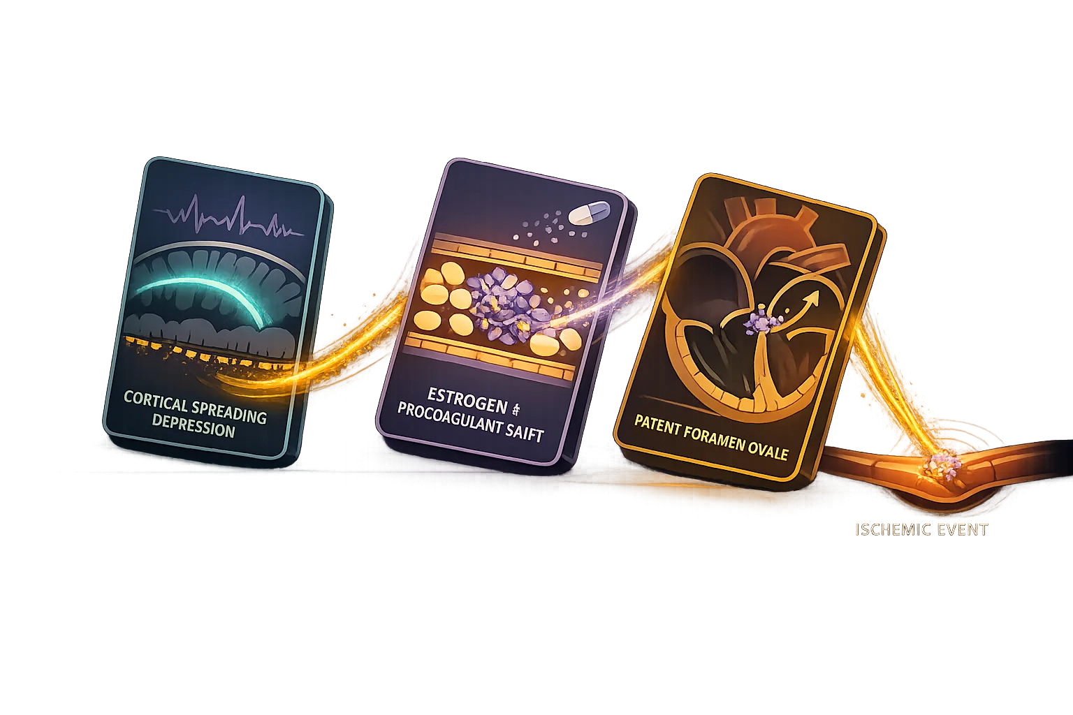 Atmospheric illustration of three translucent domino-cards in a cascade sequence — the first showing cortical spreading depression in the brain with a teal wave, the second showing estrogen-altered blood with clotting factors, the third showing a heart with an open patent foramen ovale — connected by luminous gold threads, with the final thread leading to a cerebral artery where a tiny blockage forms, visualizing the chain reaction from aura to stroke