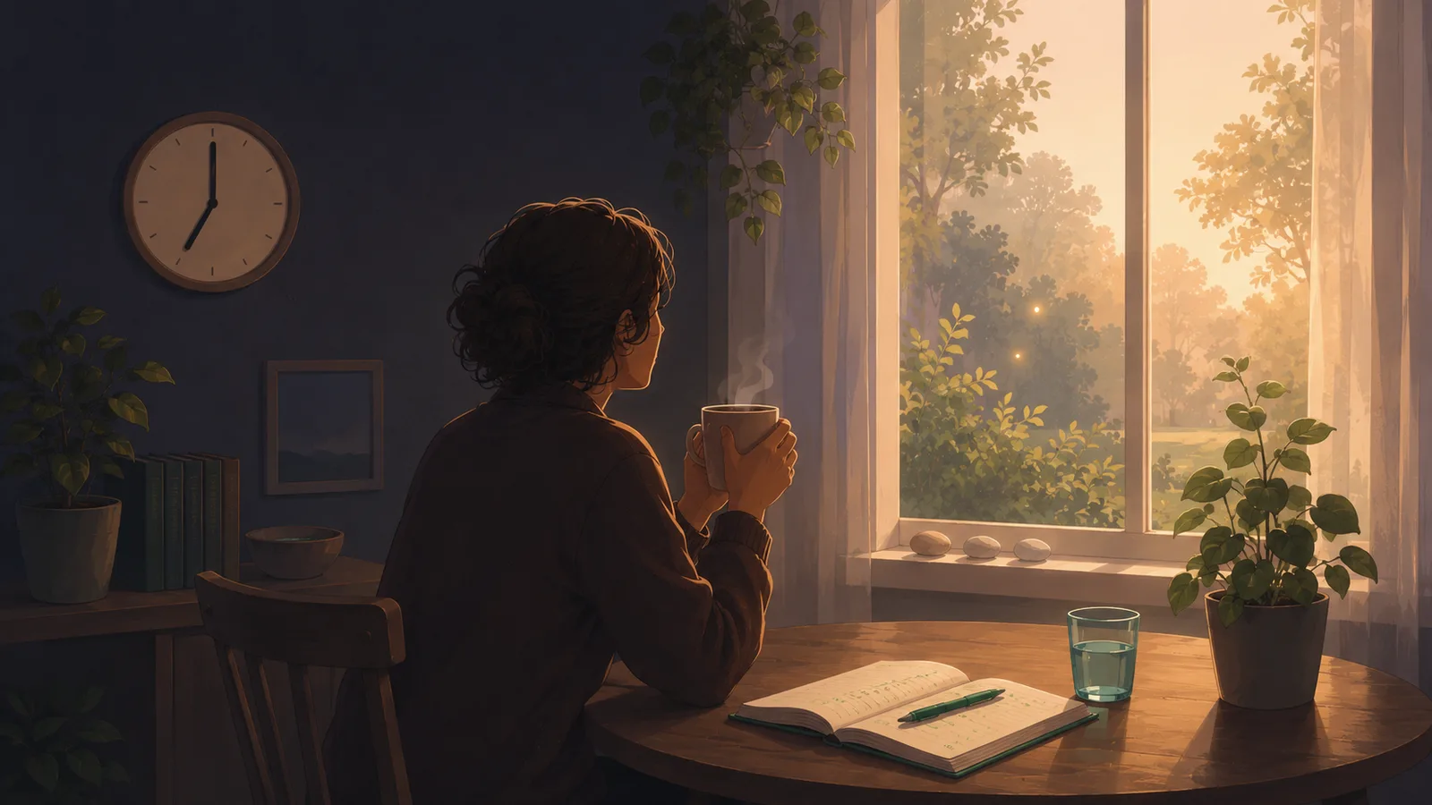 Atmospheric illustration of a person sitting calmly at a small table by a window in soft dawn light, hands around a warm mug, an open notebook and green pen nearby, a simple wall clock at an ordinary early hour — a deliberately unremarkable, predictable morning that protects the nervous system