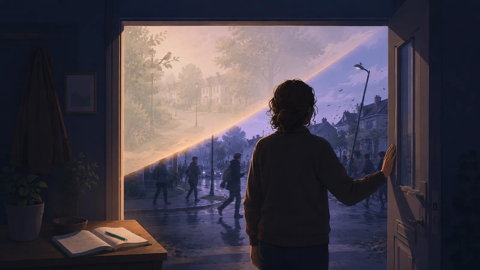 Atmospheric illustration of a person standing in their open doorway in the morning: a soft, ghosted version of the calm street they expected overlays the doorway, while the real view beyond is subtly busier and more turbulent — the gap between expectation and reality that the brain registers as a prediction error