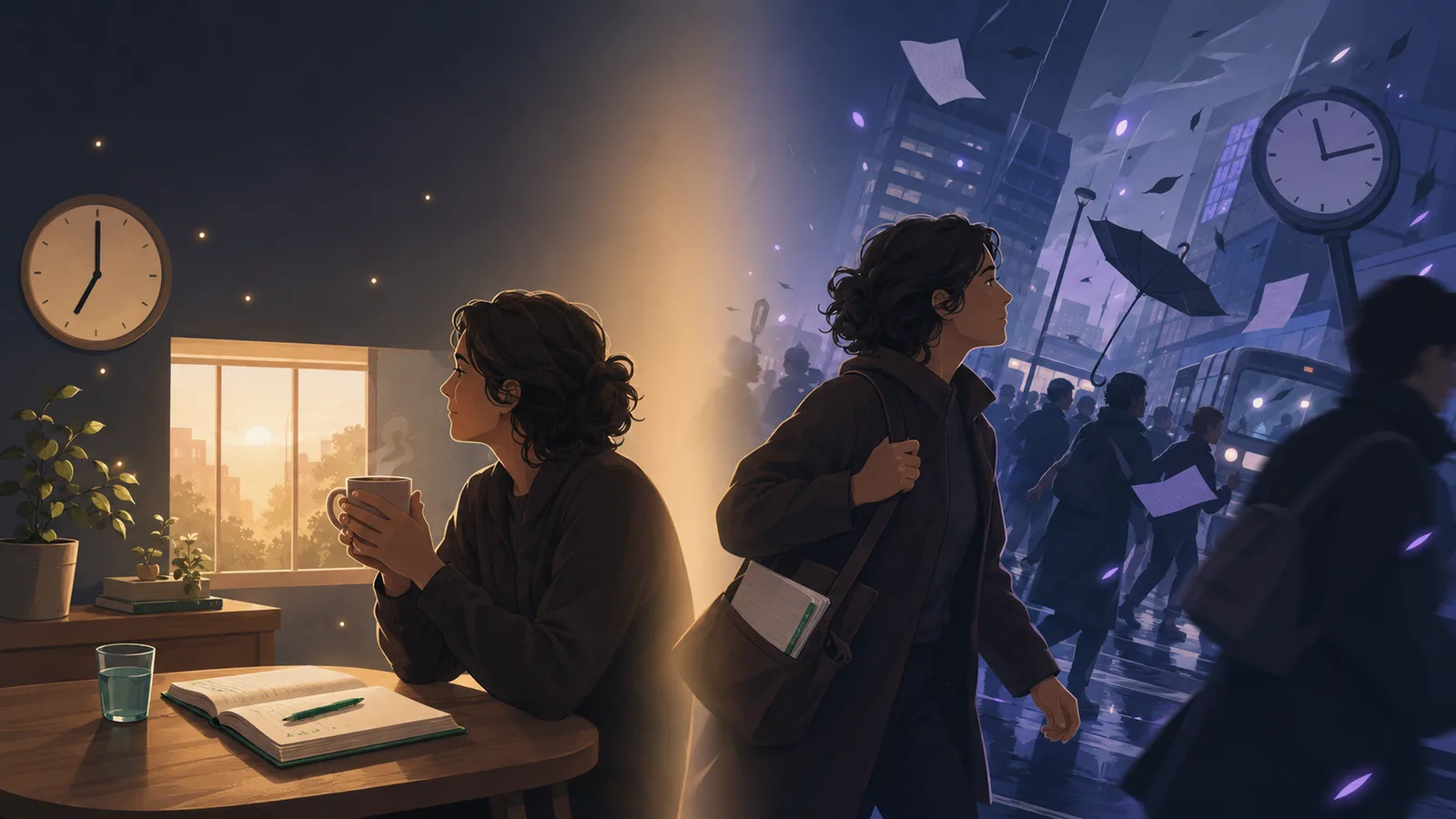 Atmospheric illustration of one person's day split into two halves: on the left a calm, warm, ordered morning at a table by a window; on the right the same person walking through a cooler, turbulent, crowded day — the contrast between a predictable day and a surprising one