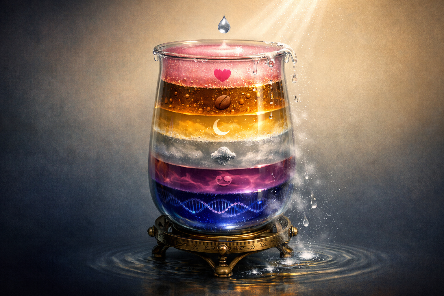 The Threshold Bucket — a luminous glass vessel filled with layered glowing liquids representing different trigger factors, with a tiny weather droplet about to cause overflow