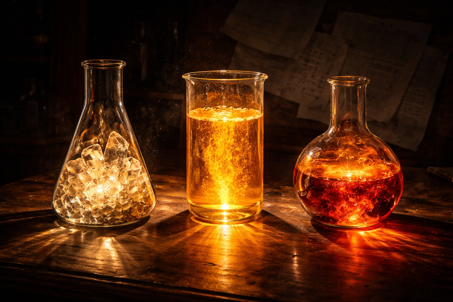 Three laboratory glass vessels on a dark walnut table — containing glowing gold magnesium crystals, amber riboflavin solution, and deep orange CoQ10 — their light converging at the center, with faint research papers floating behind